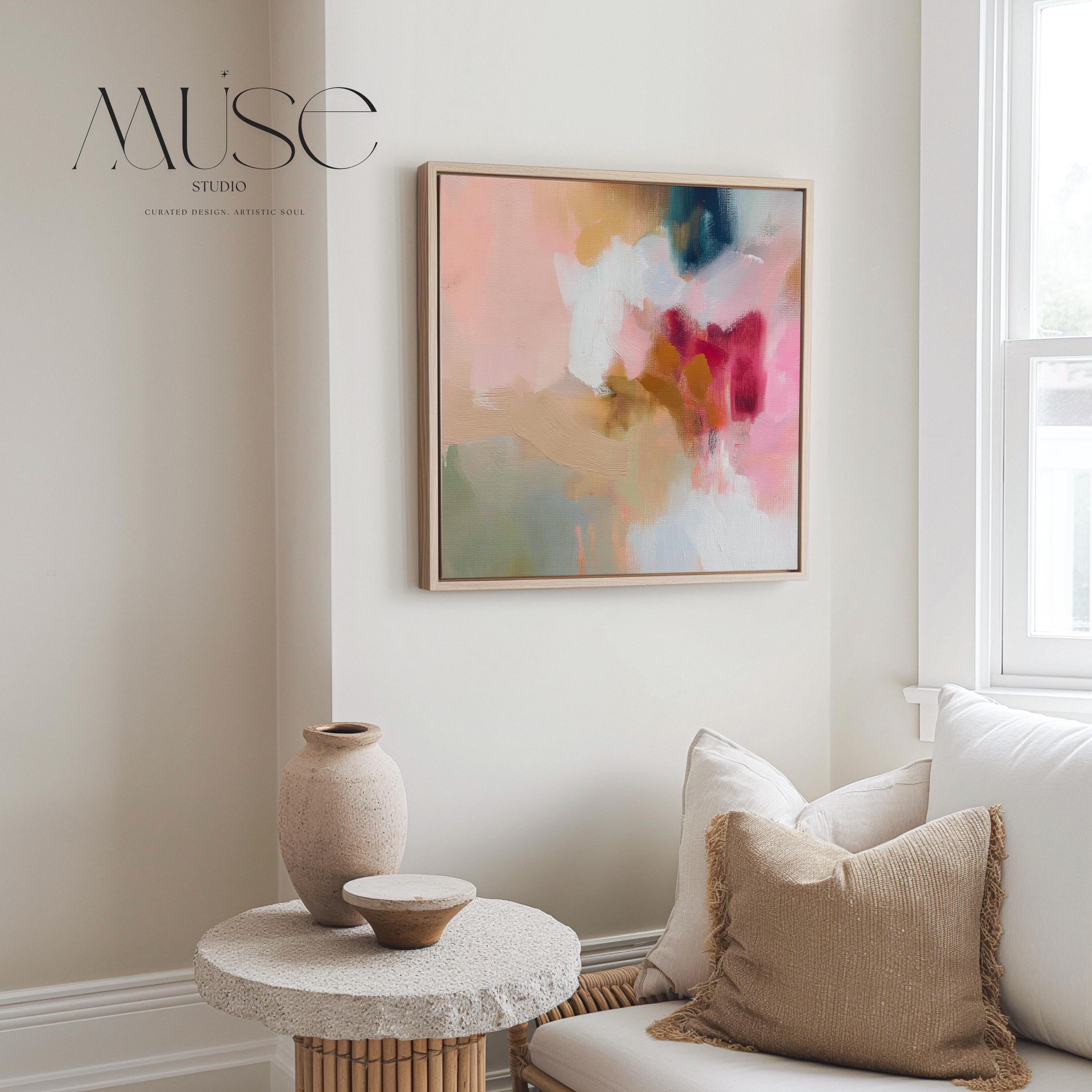 Square framed wall art featuring blush pink, coral, taupe, and teal abstract tones. Soft brushwork and painterly layers create a warm, contemporary aesthetic ideal for dining rooms or living spaces. Complements Soft Contemporary and Warm Neutral interiors.
Available as a gallery-framed fine art print on cotton canvas with floating wood frame.