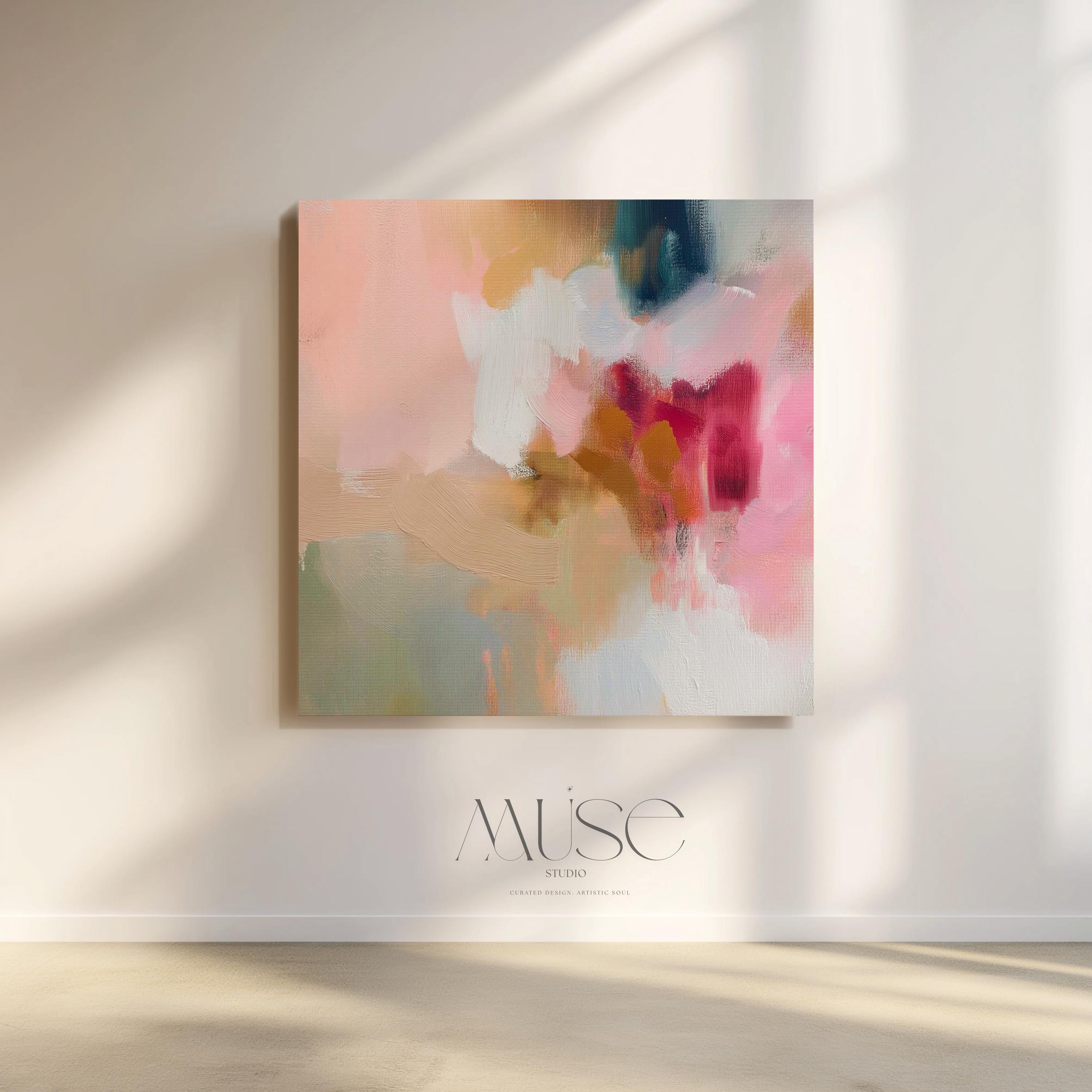 Large square canvas wall art featuring a blend of blush pink, coral, taupe, and teal abstract brushstrokes. The soft composition and painterly texture create a calm, refined look perfect for Soft Contemporary or Warm Neutral interiors. Available as an unframed or framed cotton canvas print.