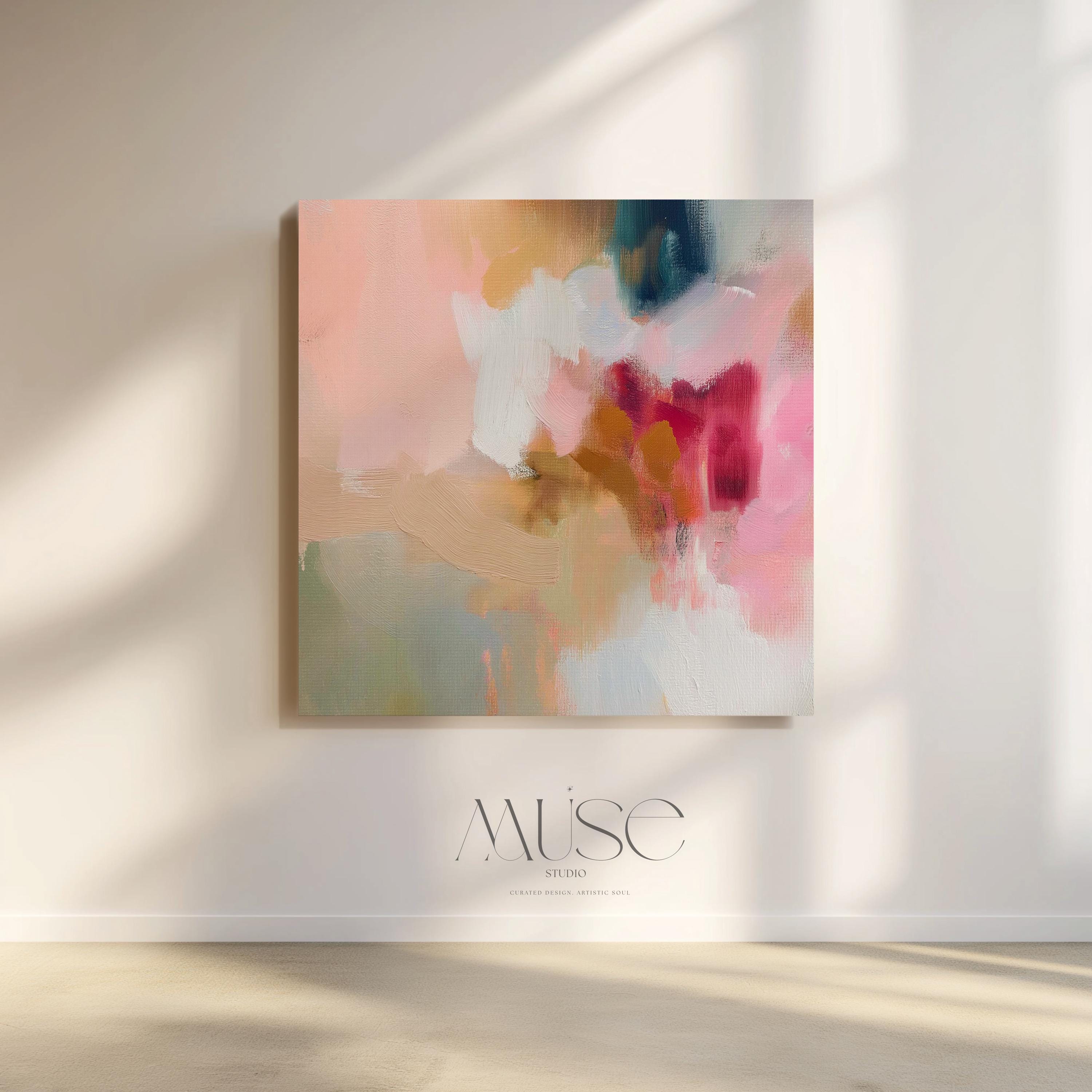 Large square canvas wall art featuring a blend of blush pink, coral, taupe, and teal abstract brushstrokes. The soft composition and painterly texture create a calm, refined look perfect for Soft Contemporary or Warm Neutral interiors. Available as an unframed or framed cotton canvas print.
