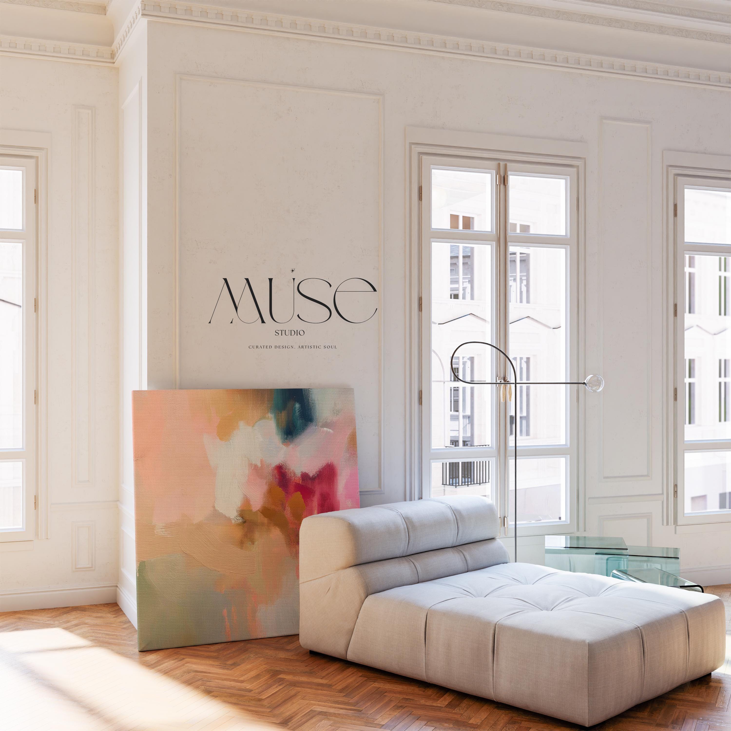 Large square canvas wall art featuring a blend of blush pink, coral, taupe, and teal abstract brushstrokes. The soft composition and painterly texture create a calm, refined look perfect for Soft Contemporary or Warm Neutral interiors. Available as an unframed or framed cotton canvas print.