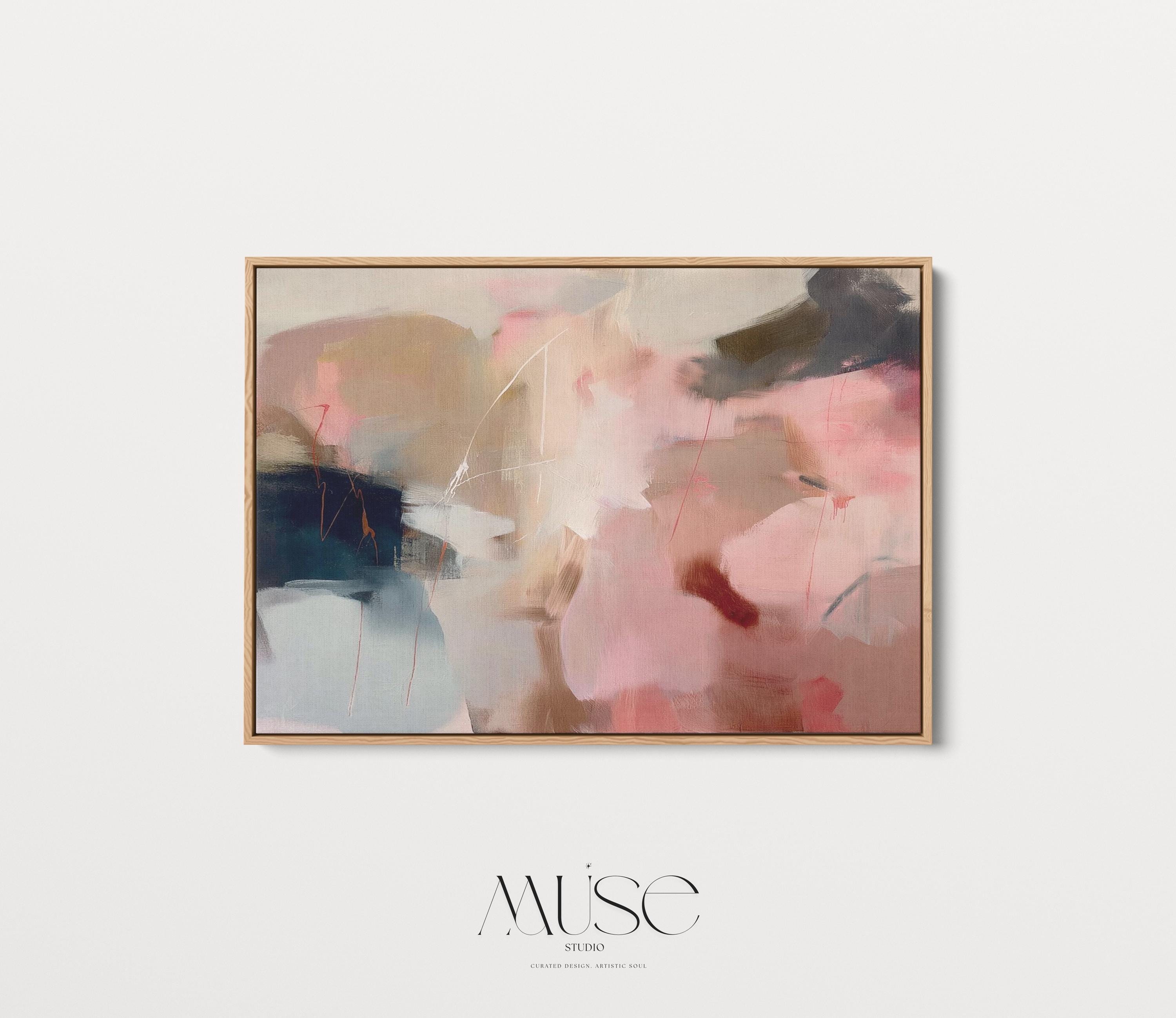 Elegant horizontal canvas wall art in soft blush, sand, and navy tones. Painterly layers flow across the surface, creating a calm yet expressive movement that complements Warm Neutral and Soft Contemporary interiors. Ideal above a sofa or reading chair for a curated, design-forward finish. Hand-crafted fine art giclée on cotton canvas.