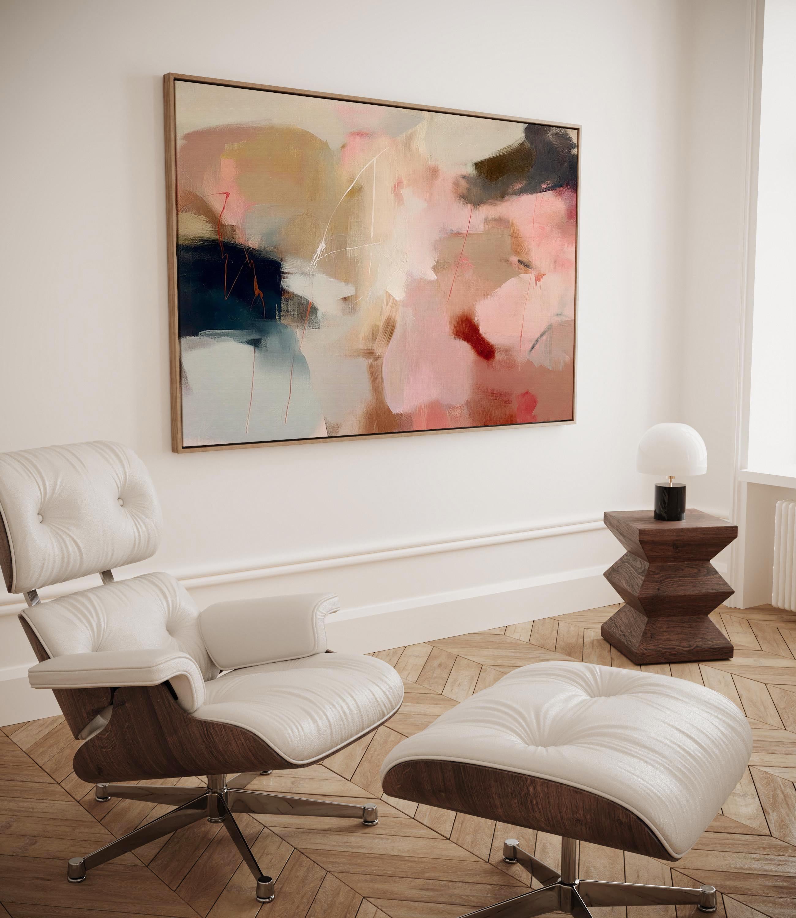 Elegant horizontal canvas wall art in soft blush, sand, and navy tones. Painterly layers flow across the surface, creating a calm yet expressive movement that complements Warm Neutral and Soft Contemporary interiors. Ideal above a sofa or reading chair for a curated, design-forward finish. Hand-crafted fine art giclée on cotton canvas.