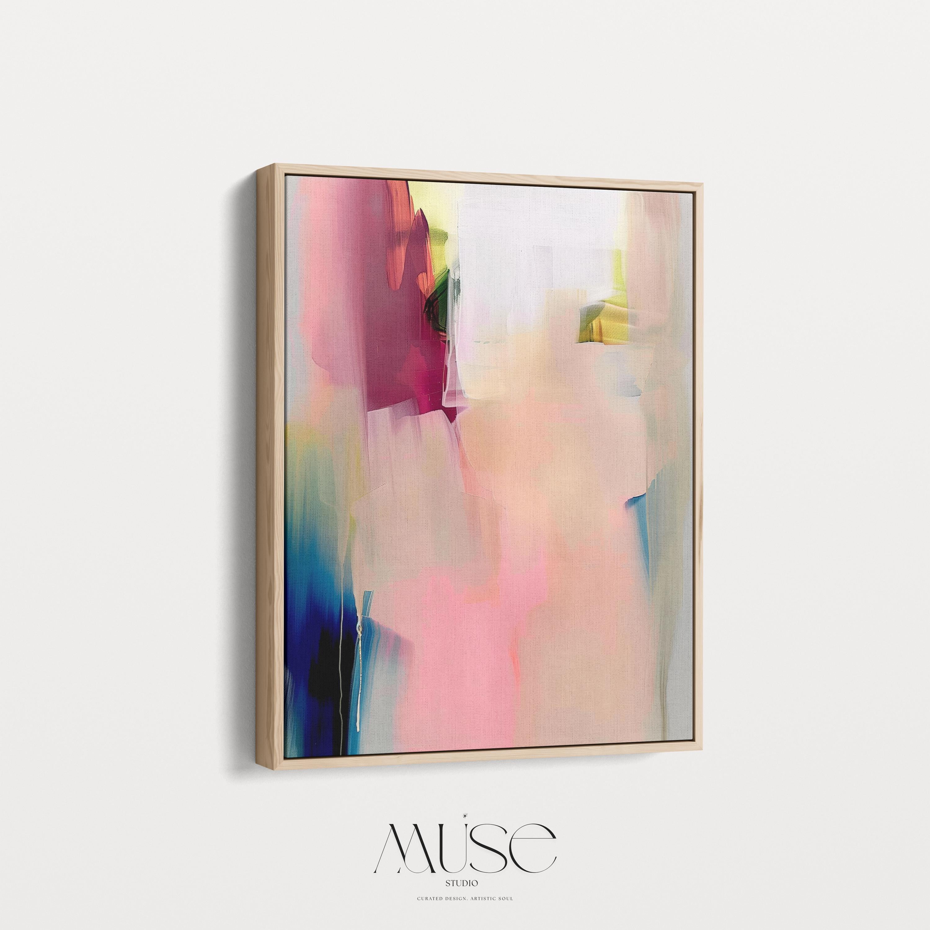 Vertical framed canvas wall art in soft blush rose, ivory, and coral tones, layered with hints of cobalt and gold. Gentle painterly motion evokes calm elegance, ideal for Soft Contemporary and Warm Neutral interiors. Perfect for living rooms or entryways. Handcrafted fine art giclée on cotton canvas.