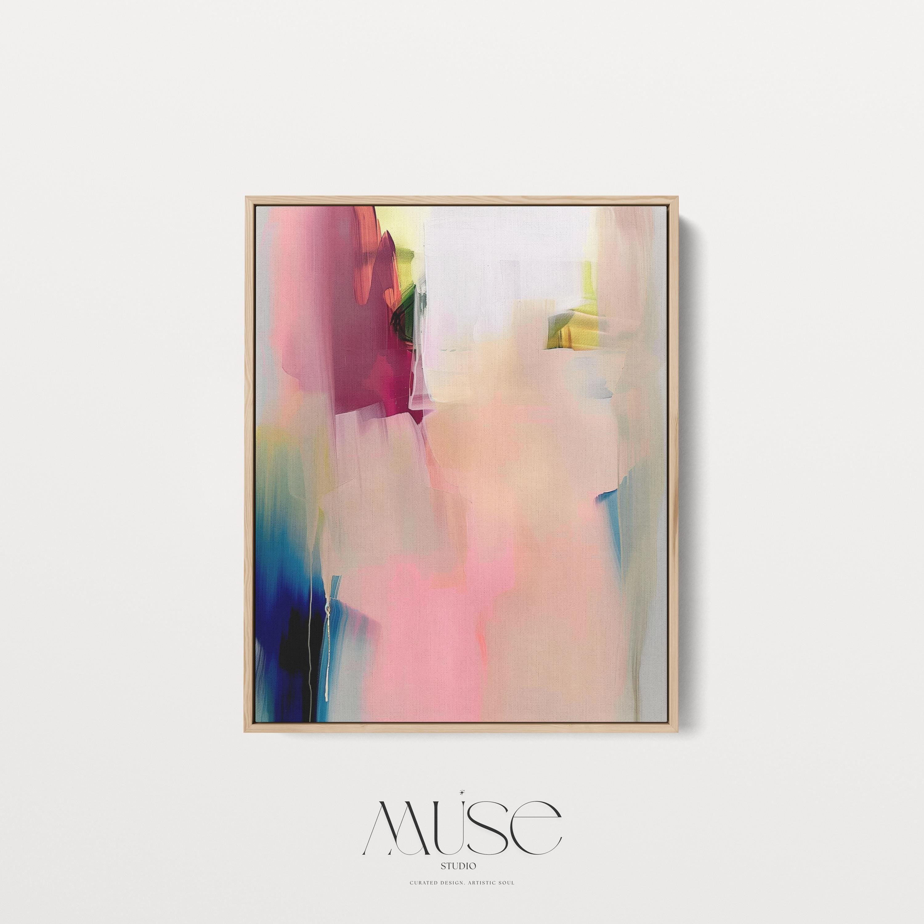 Vertical framed canvas wall art in soft blush rose, ivory, and coral tones, layered with hints of cobalt and gold. Gentle painterly motion evokes calm elegance, ideal for Soft Contemporary and Warm Neutral interiors. Perfect for living rooms or entryways. Handcrafted fine art giclée on cotton canvas.