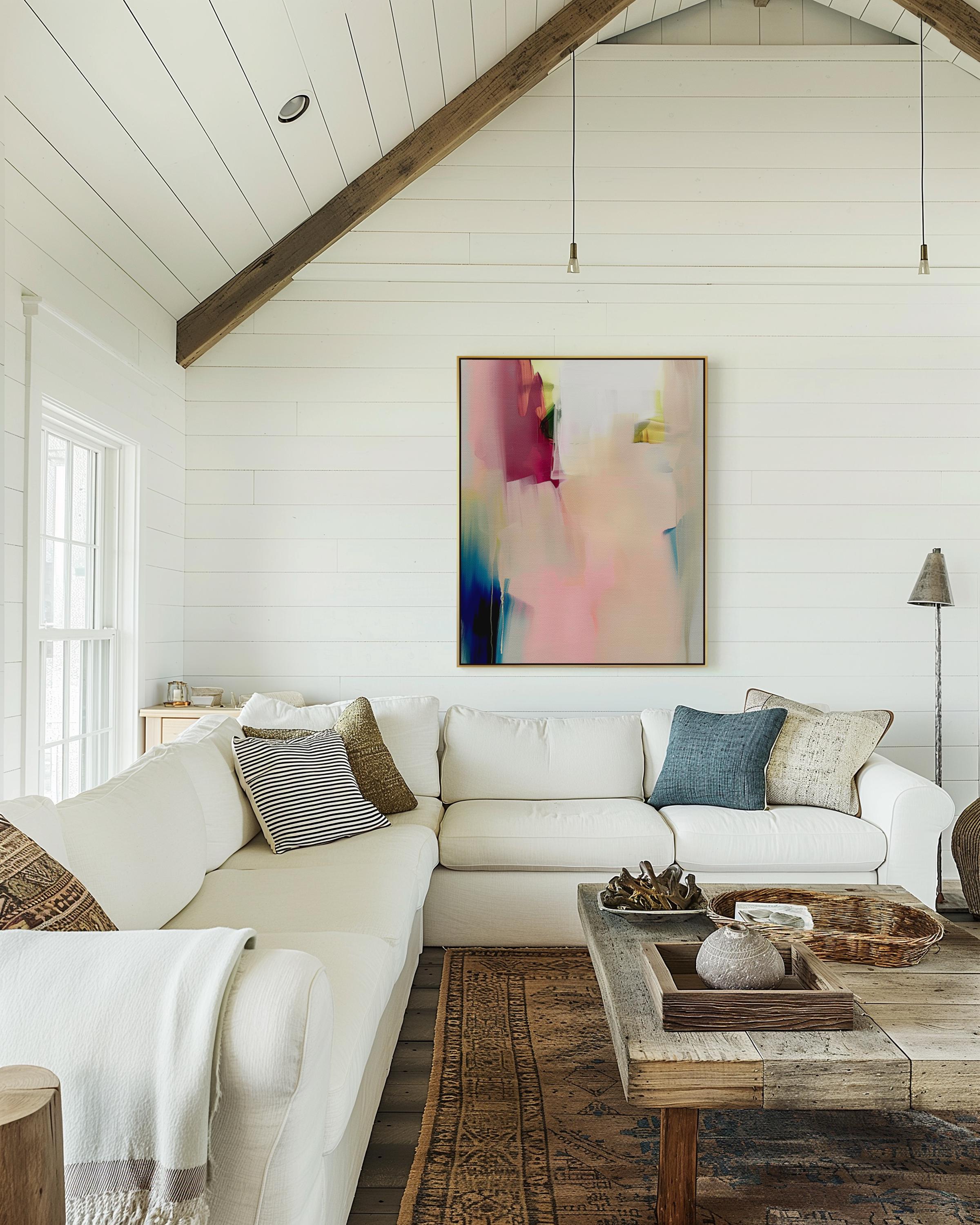 Vertical framed canvas wall art in soft blush rose, ivory, and coral tones, layered with hints of cobalt and gold. Gentle painterly motion evokes calm elegance, ideal for Soft Contemporary and Warm Neutral interiors. Perfect for living rooms or entryways. Handcrafted fine art giclée on cotton canvas.
