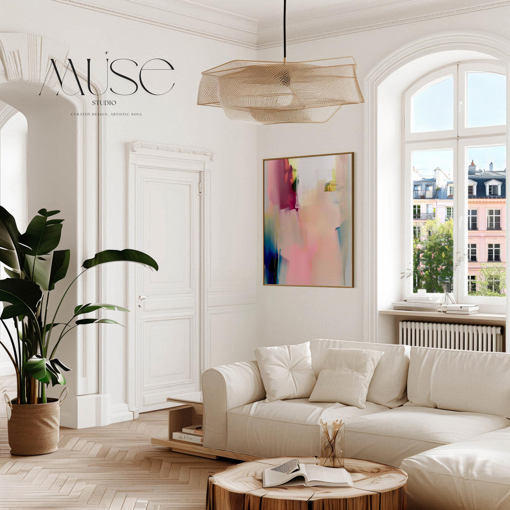 Vertical framed canvas wall art in soft blush rose, ivory, and coral tones, layered with hints of cobalt and gold. Gentle painterly motion evokes calm elegance, ideal for Soft Contemporary and Warm Neutral interiors. Perfect for living rooms or entryways. Handcrafted fine art giclée on cotton canvas.