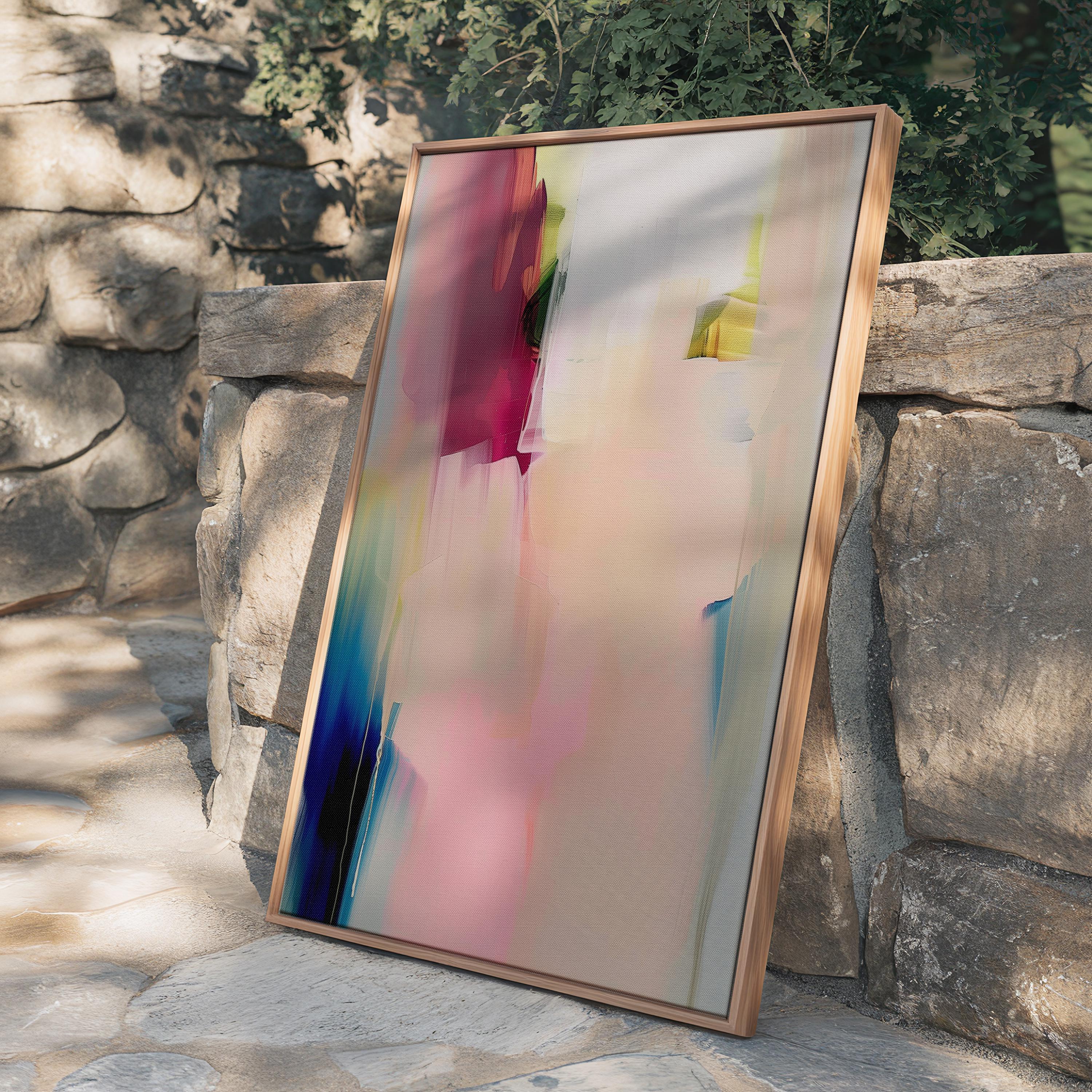 Vertical framed canvas wall art in soft blush rose, ivory, and coral tones, layered with hints of cobalt and gold. Gentle painterly motion evokes calm elegance, ideal for Soft Contemporary and Warm Neutral interiors. Perfect for living rooms or entryways. Handcrafted fine art giclée on cotton canvas.