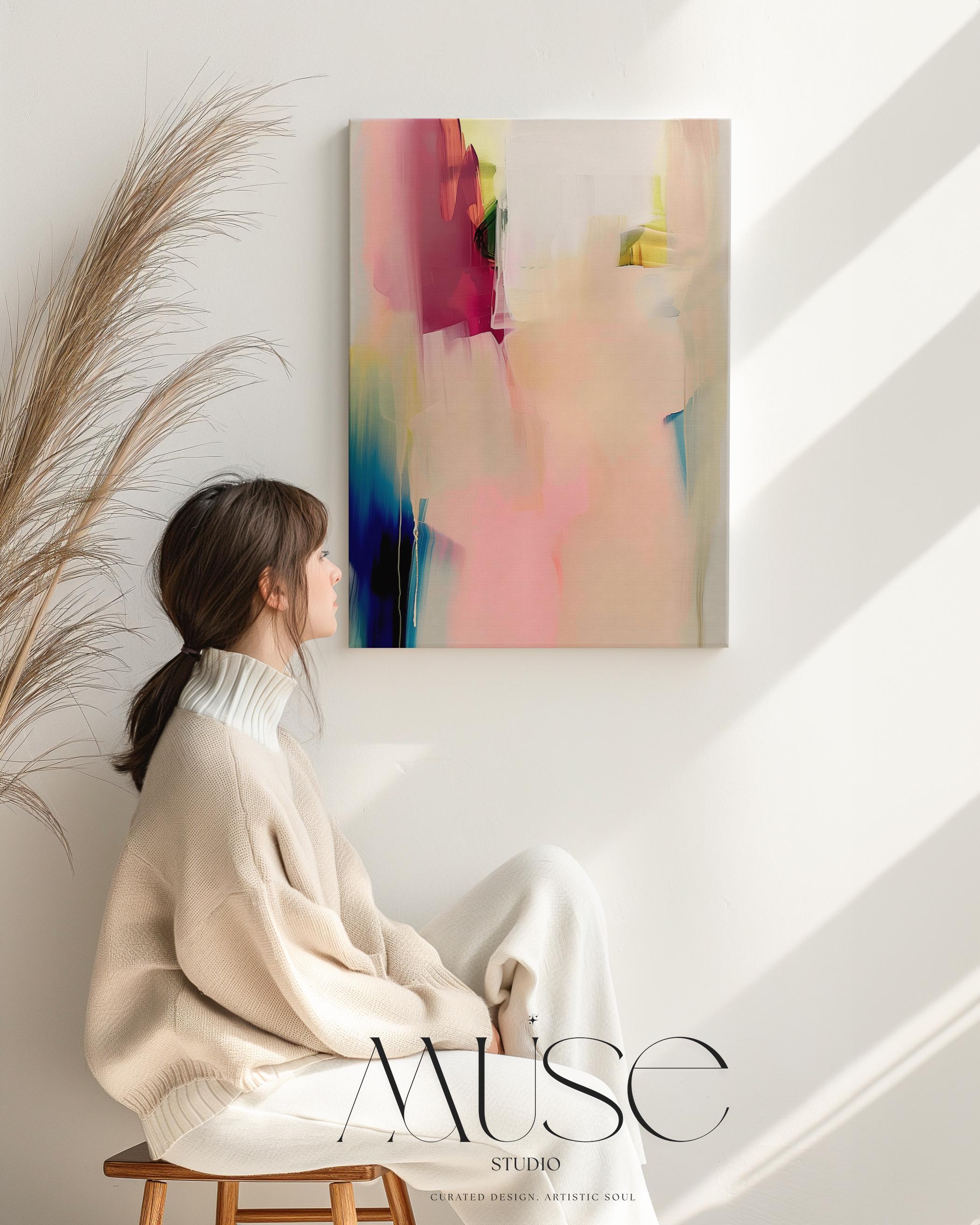 Soft abstract canvas wall art featuring blush pink, teal, and warm beige tones with gentle brushstrokes. The composition evokes a serene modern feel—ideal for minimalist or contemporary bedrooms. Available as gallery-wrapped canvas or framed wall art for curated designer decor.