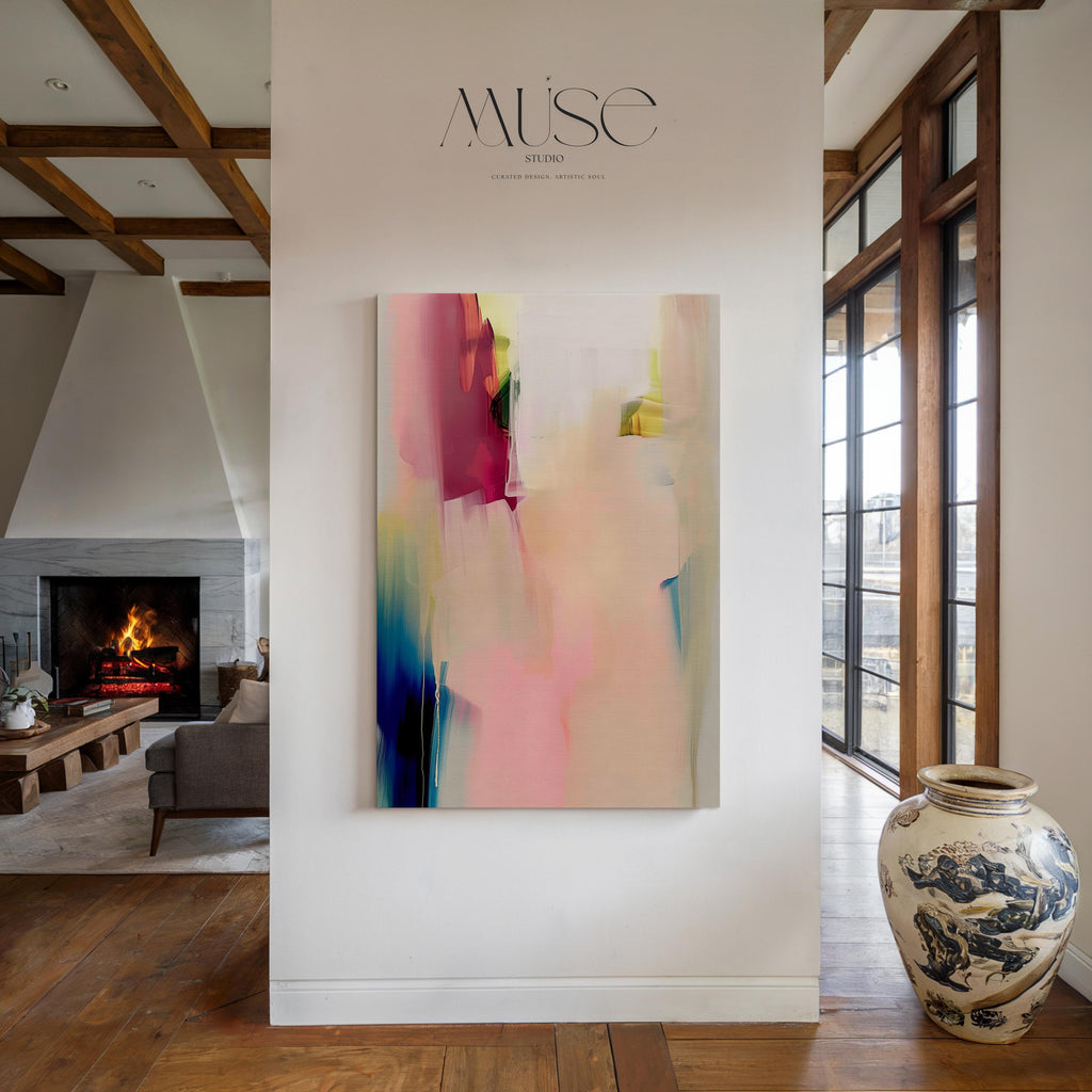 Soft abstract canvas wall art featuring blush pink, teal, and warm beige tones with gentle brushstrokes. The composition evokes a serene modern feel—ideal for minimalist or contemporary bedrooms. Available as gallery-wrapped canvas or framed wall art for curated designer decor.