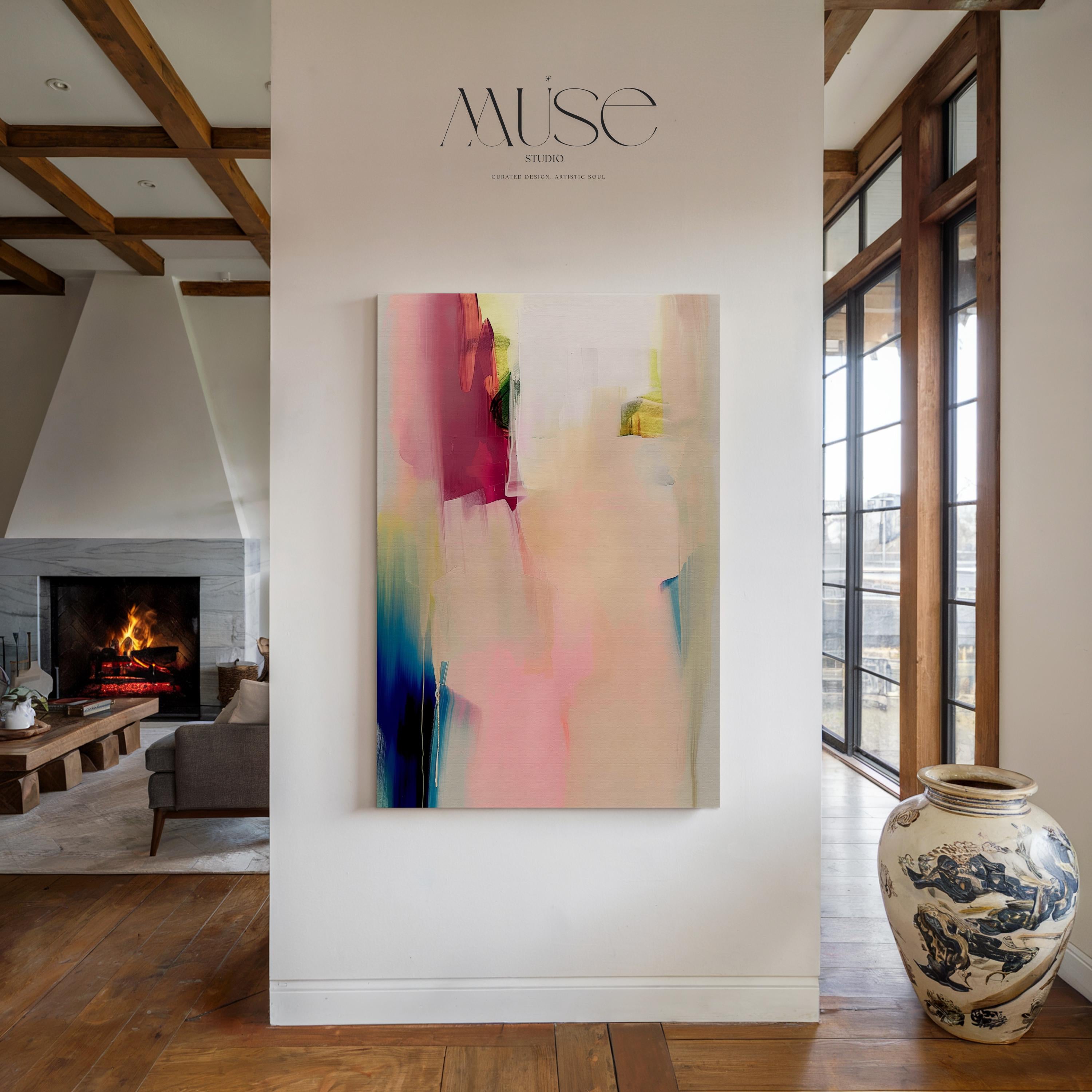 Soft abstract canvas wall art featuring blush pink, teal, and warm beige tones with gentle brushstrokes. The composition evokes a serene modern feel—ideal for minimalist or contemporary bedrooms. Available as gallery-wrapped canvas or framed wall art for curated designer decor.
