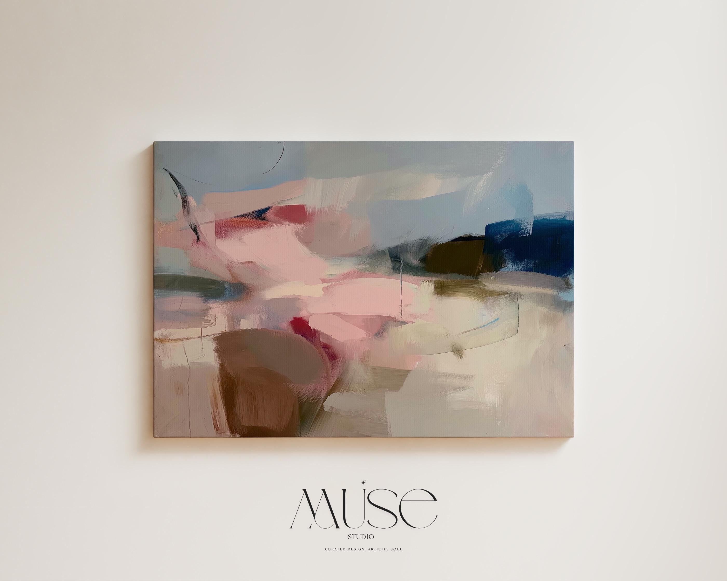 Abstract canvas wall art featuring soft blush, taupe, and navy tones with flowing brushstrokes and painterly texture. The horizontal composition evokes calm movement and balanced warmth, ideal for bedrooms or living rooms. Gallery-wrapped cotton canvas for a refined, ready-to-hang presentation.