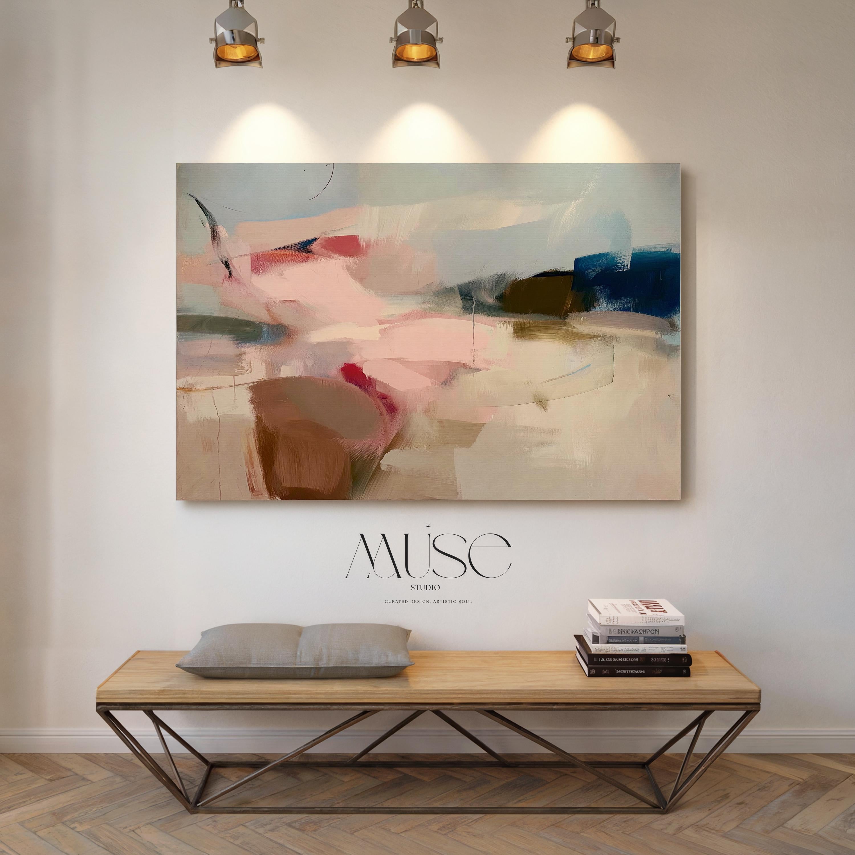 Muse Studio neutral abstract canvas wall art featuring Mojave Sonata 1089 in blush, taupe, olive, cream, gray blue, and deep navy tones. Large horizontal canvas print with painterly layered movement, museum-grade giclée inks, premium gallery-wrapped artist canvas, and warm modern organic transitional style for living room, bedroom, office, or dining room decor.