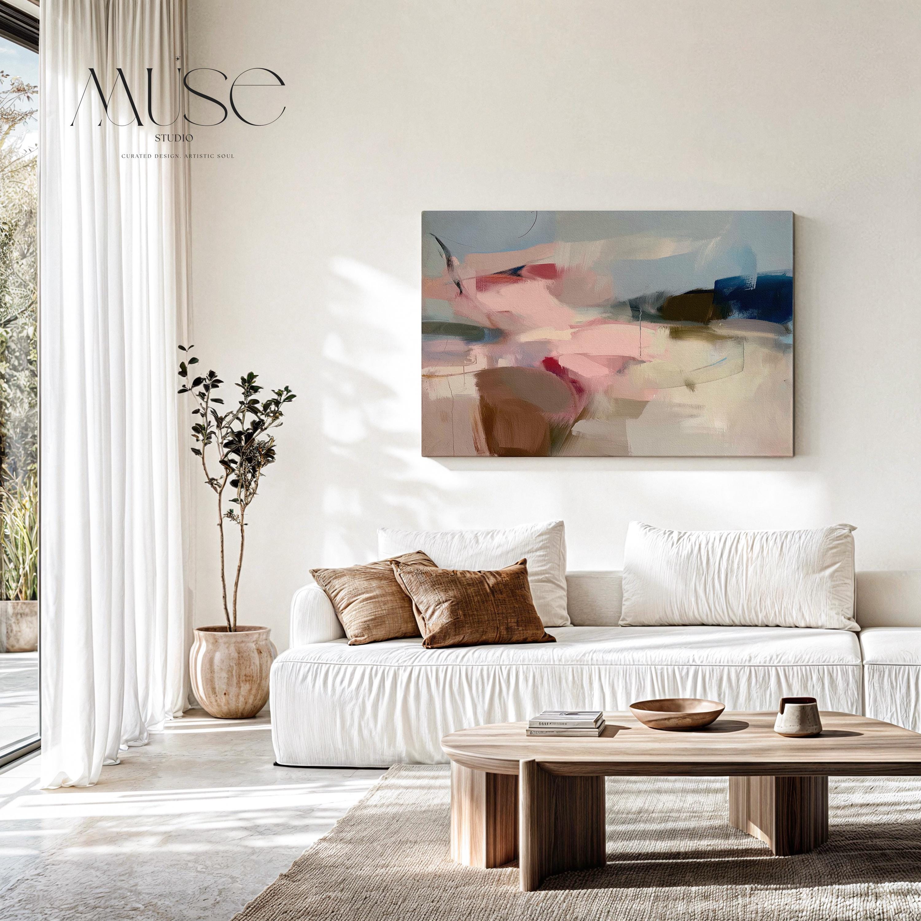 Abstract canvas wall art featuring soft blush, taupe, and navy tones with flowing brushstrokes and painterly texture. The horizontal composition evokes calm movement and balanced warmth, ideal for bedrooms or living rooms. Gallery-wrapped cotton canvas for a refined, ready-to-hang presentation.