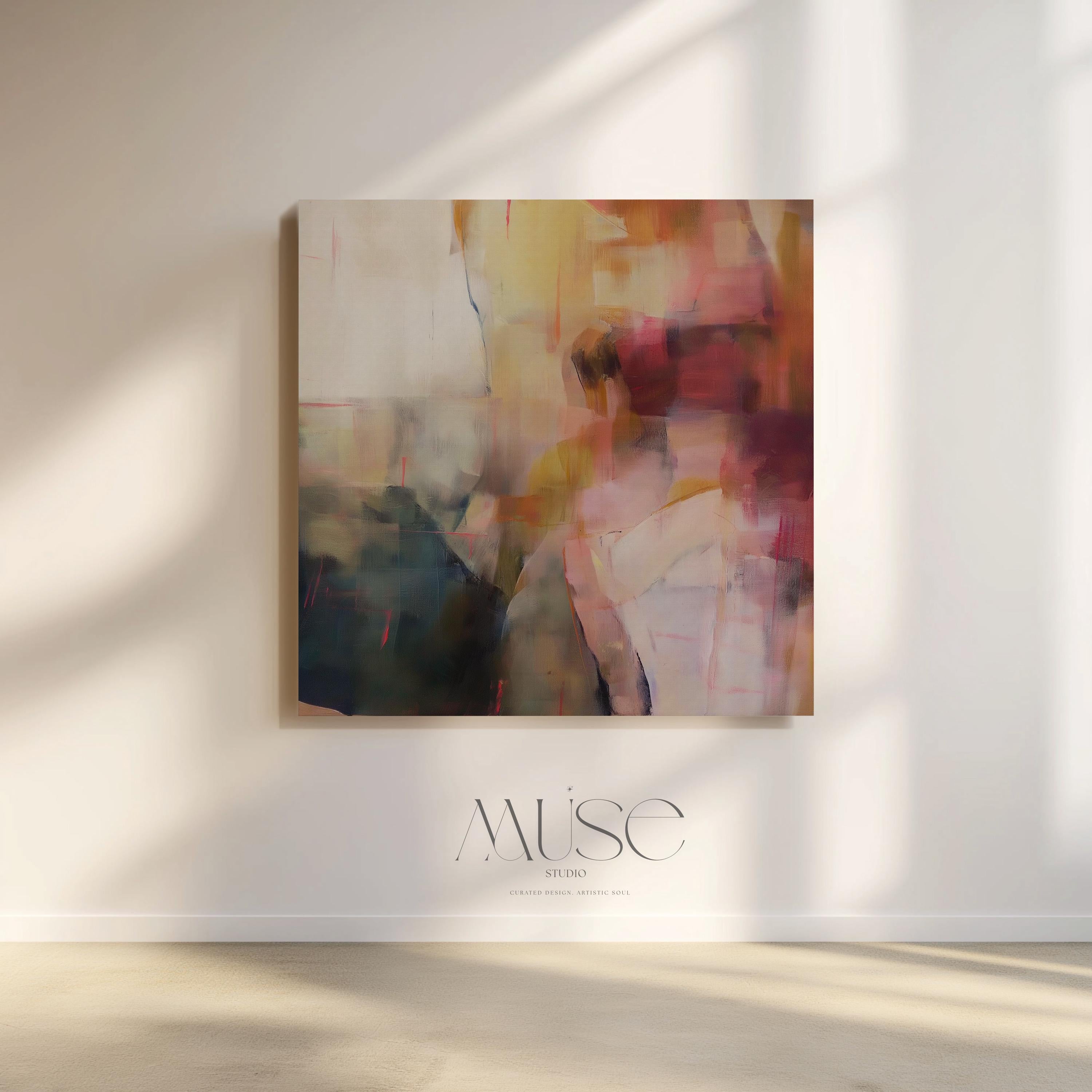 Square abstract canvas wall art featuring a moody blend of plum, blush, and gold tones. Soft painterly layers create warmth and movement, ideal for transitional or warm minimalist interiors. Perfect for bedrooms, offices, or living rooms needing an elegant focal point. This artwork adds sophistication and texture to curated, designer-inspired spaces. Gallery-wrapped canvas wall art by Muse Studio.