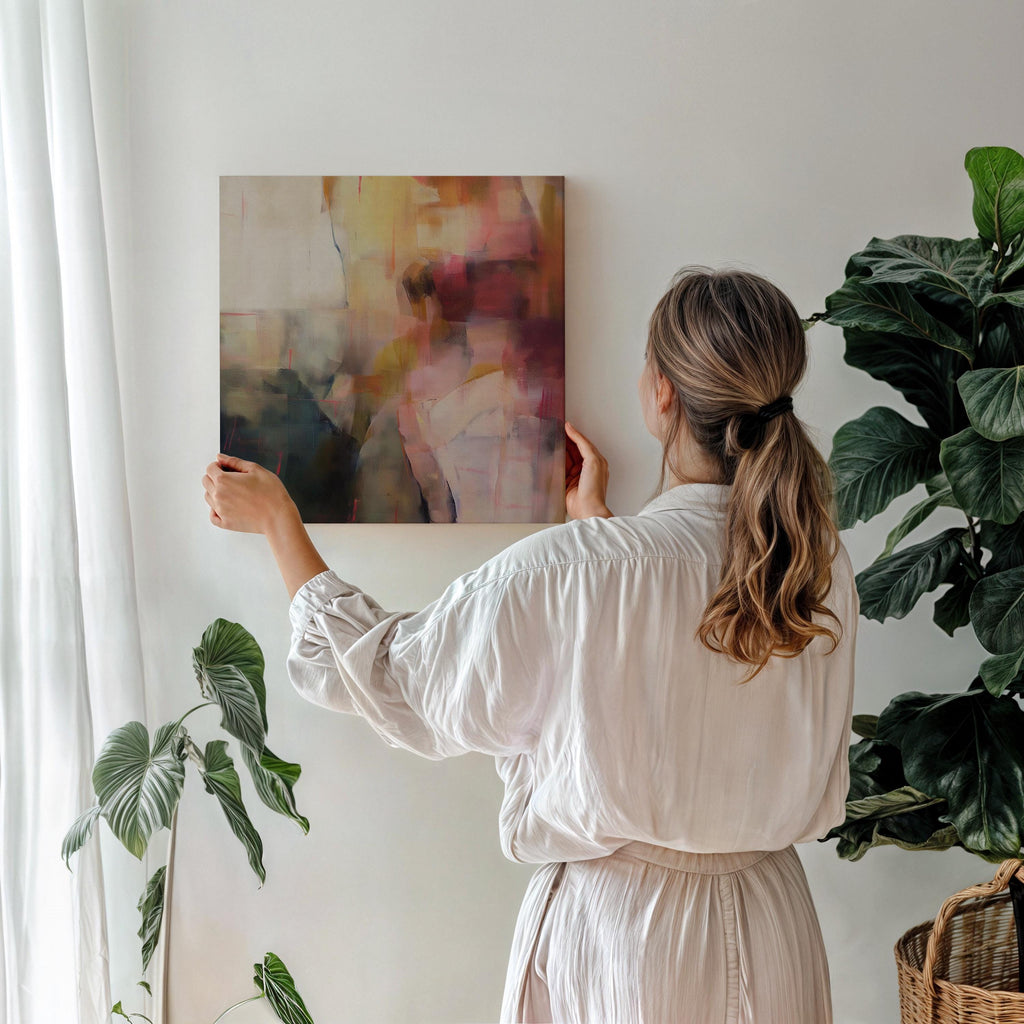 Square abstract canvas wall art featuring a moody blend of plum, blush, and gold tones. Soft painterly layers create warmth and movement, ideal for transitional or warm minimalist interiors. Perfect for bedrooms, offices, or living rooms needing an elegant focal point. This artwork adds sophistication and texture to curated, designer-inspired spaces. Gallery-wrapped canvas wall art by Muse Studio.