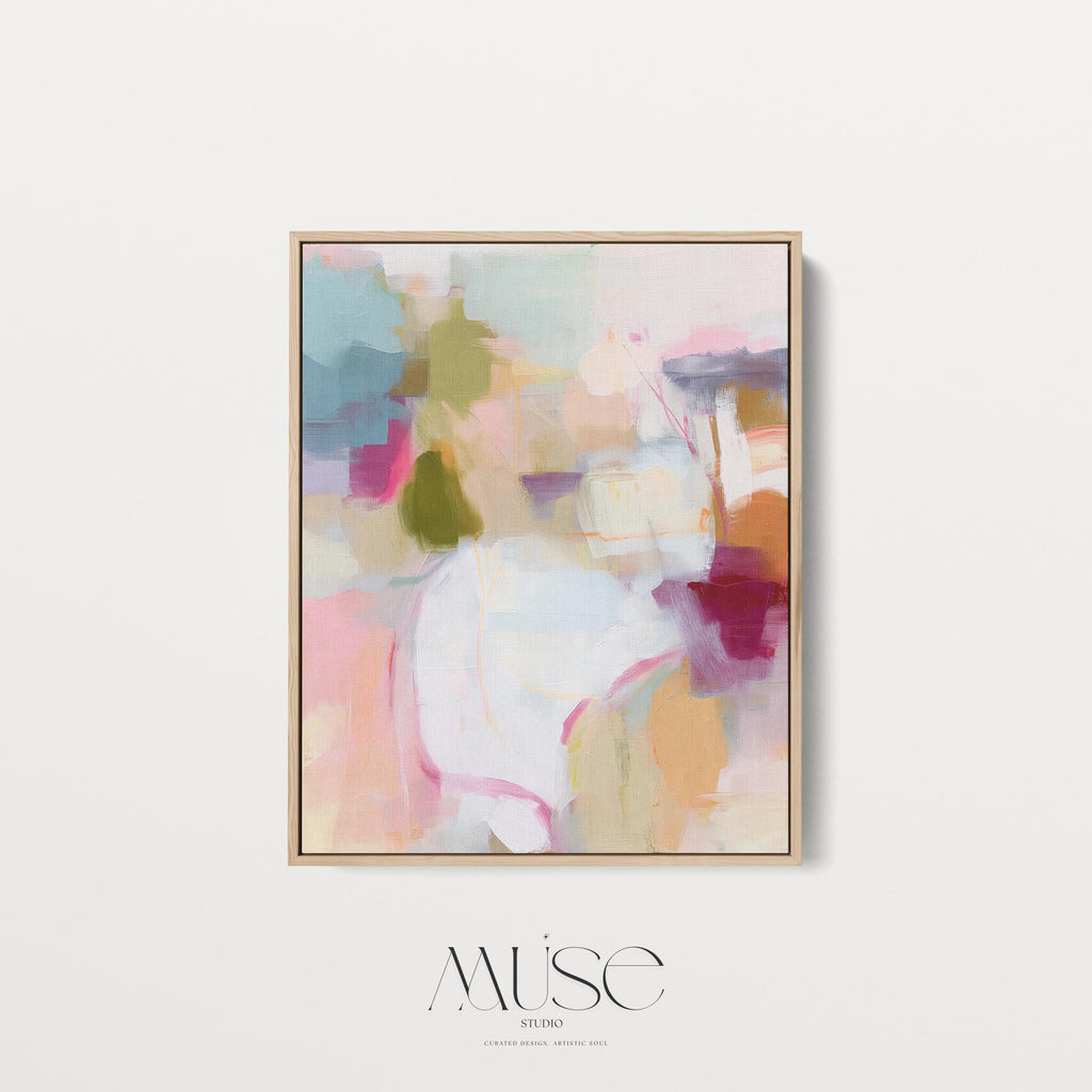 ertical framed abstract wall art in blush pink, olive green, coral, and lavender tones. Soft painterly brushwork creates a light and inviting aesthetic perfect for pastel botanical or soft contemporary interiors. Ideal for living rooms, bedrooms, or entryways, this design adds warmth and joy to curated, modern spaces. Available as a framed canvas wall art, gallery-wrapped canvas, or fine art poster print.