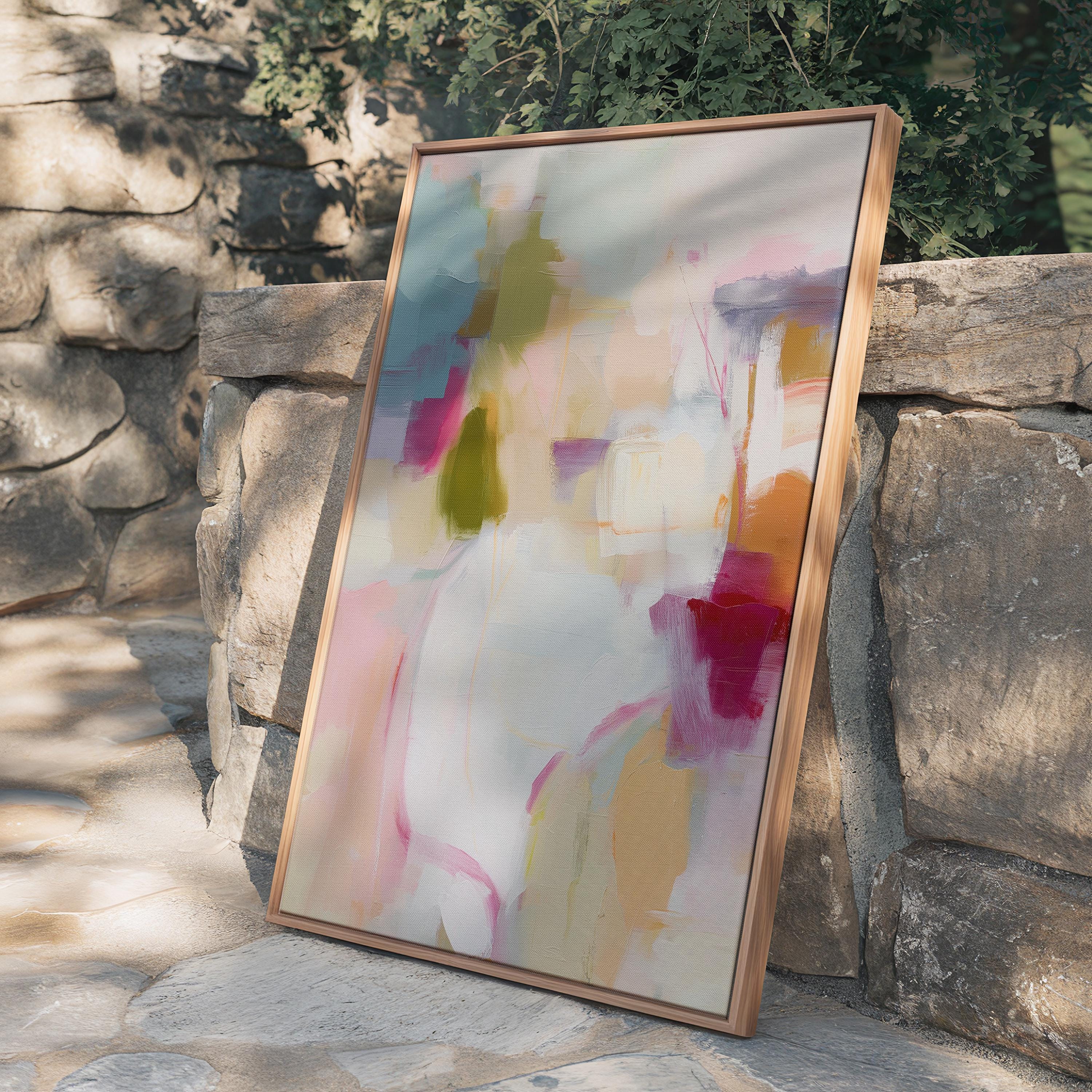 ertical framed abstract wall art in blush pink, olive green, coral, and lavender tones. Soft painterly brushwork creates a light and inviting aesthetic perfect for pastel botanical or soft contemporary interiors. Ideal for living rooms, bedrooms, or entryways, this design adds warmth and joy to curated, modern spaces. Available as a framed canvas wall art, gallery-wrapped canvas, or fine art poster print.