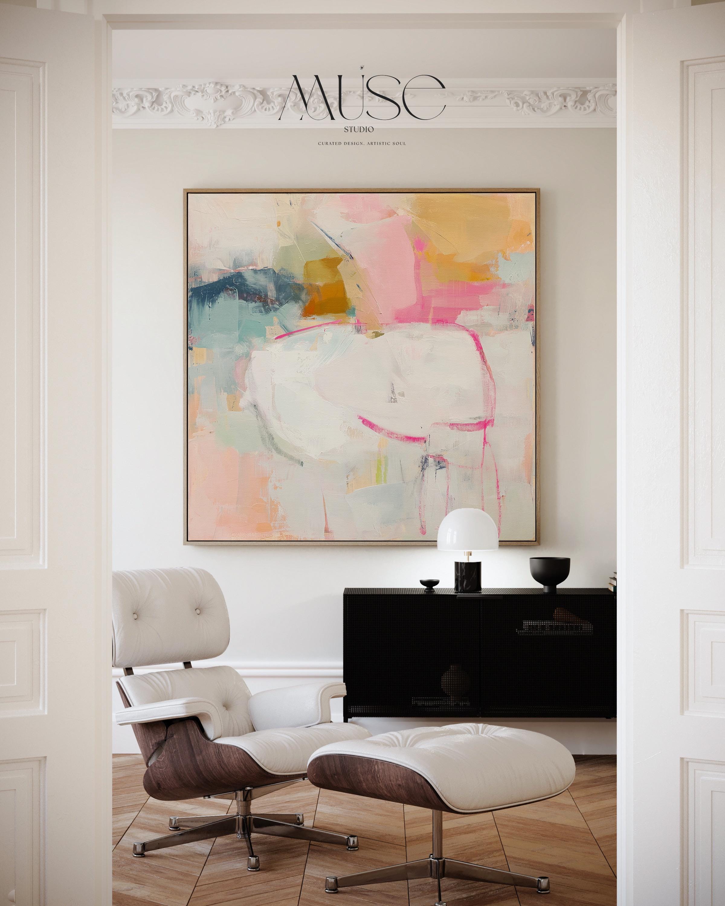 Square framed abstract wall art featuring soft pink, white, aqua, and golden tones. Gentle brushstrokes create an airy, serene atmosphere perfect for pastel botanical or soft contemporary interiors. Ideal for bedrooms, living rooms, or home offices. The warm wood frame adds a refined designer touch, ready to hang and finished for a clean, gallery-style look. Available as framed canvas, gallery-wrapped canvas, or fine art poster print.