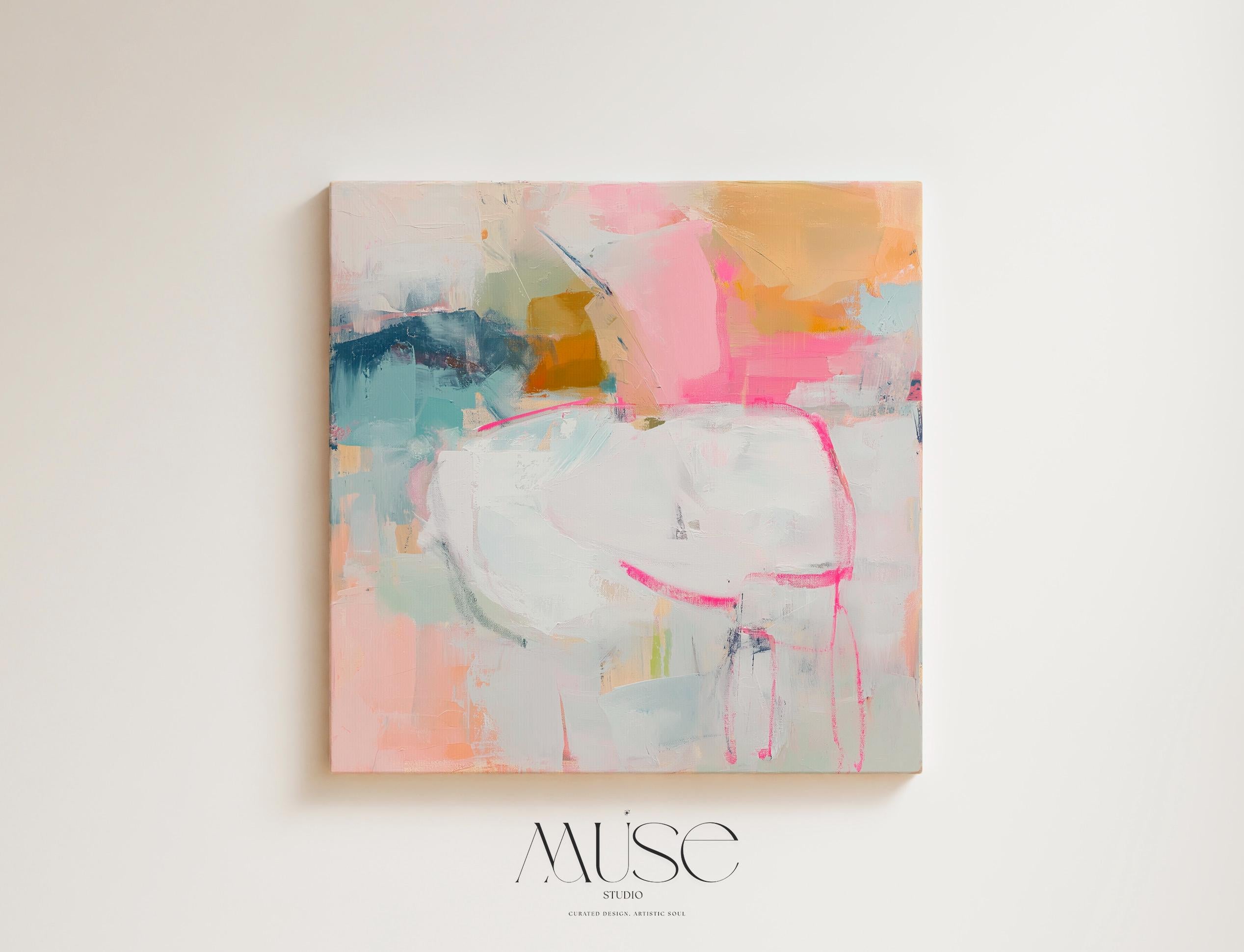 Large square abstract canvas wall art by Muse Studio featuring soft pink, white, and aqua tones, printed with museum-grade giclée inks on premium artist canvas and hand-stretched over solid wood bars for gallery-quality presentation in soft contemporary and pastel botanical interiors.