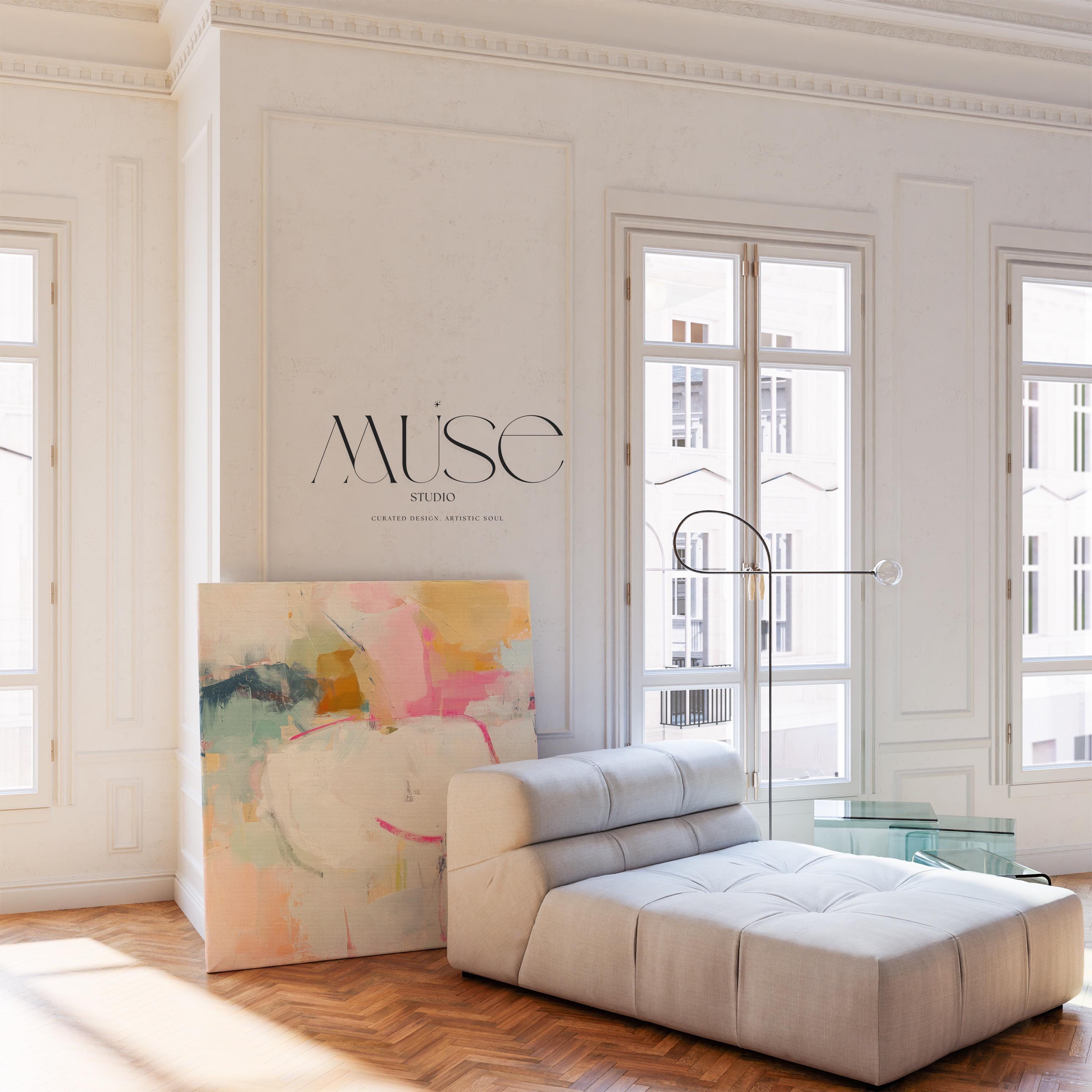 Large square abstract canvas wall art by Muse Studio featuring soft pink, white, and aqua tones, printed with museum-grade giclée inks on premium artist canvas and hand-stretched over solid wood bars for gallery-quality presentation in soft contemporary and pastel botanical interiors.