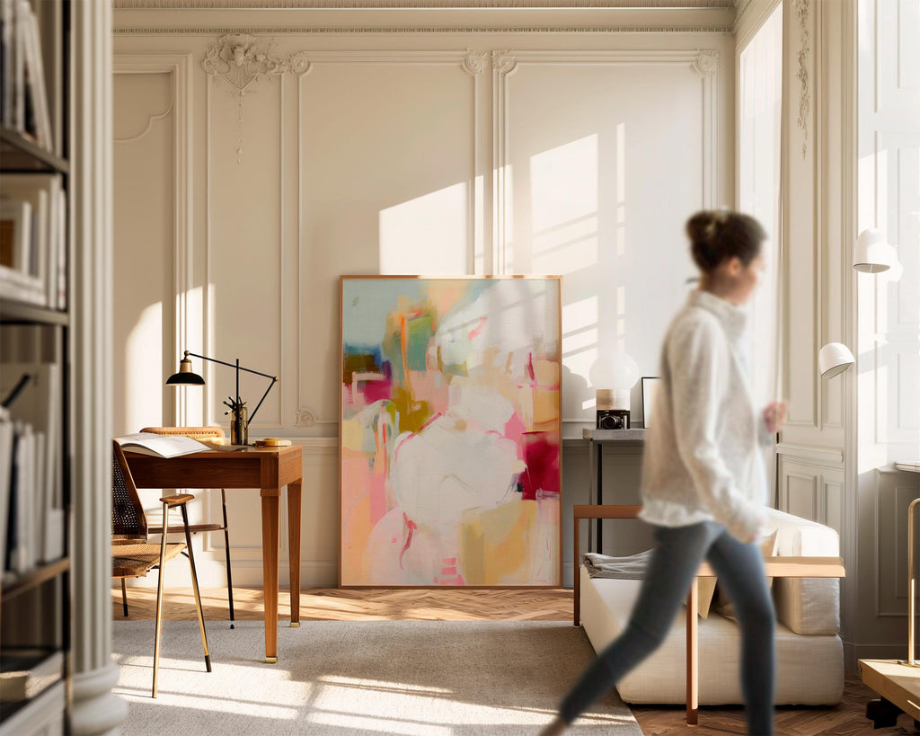 Vertical framed abstract wall art featuring pink, cream, olive, and berry hues. Soft brushwork creates a calm yet uplifting mood, ideal for pastel botanical and soft contemporary interiors. Perfect for living rooms, bedrooms, or entryways, the artwork adds warmth and modern refinement. Each framed wall art piece is crafted with a sleek wood frame, clean lines, and a gallery-quality finish, ready to hang for a polished designer look.