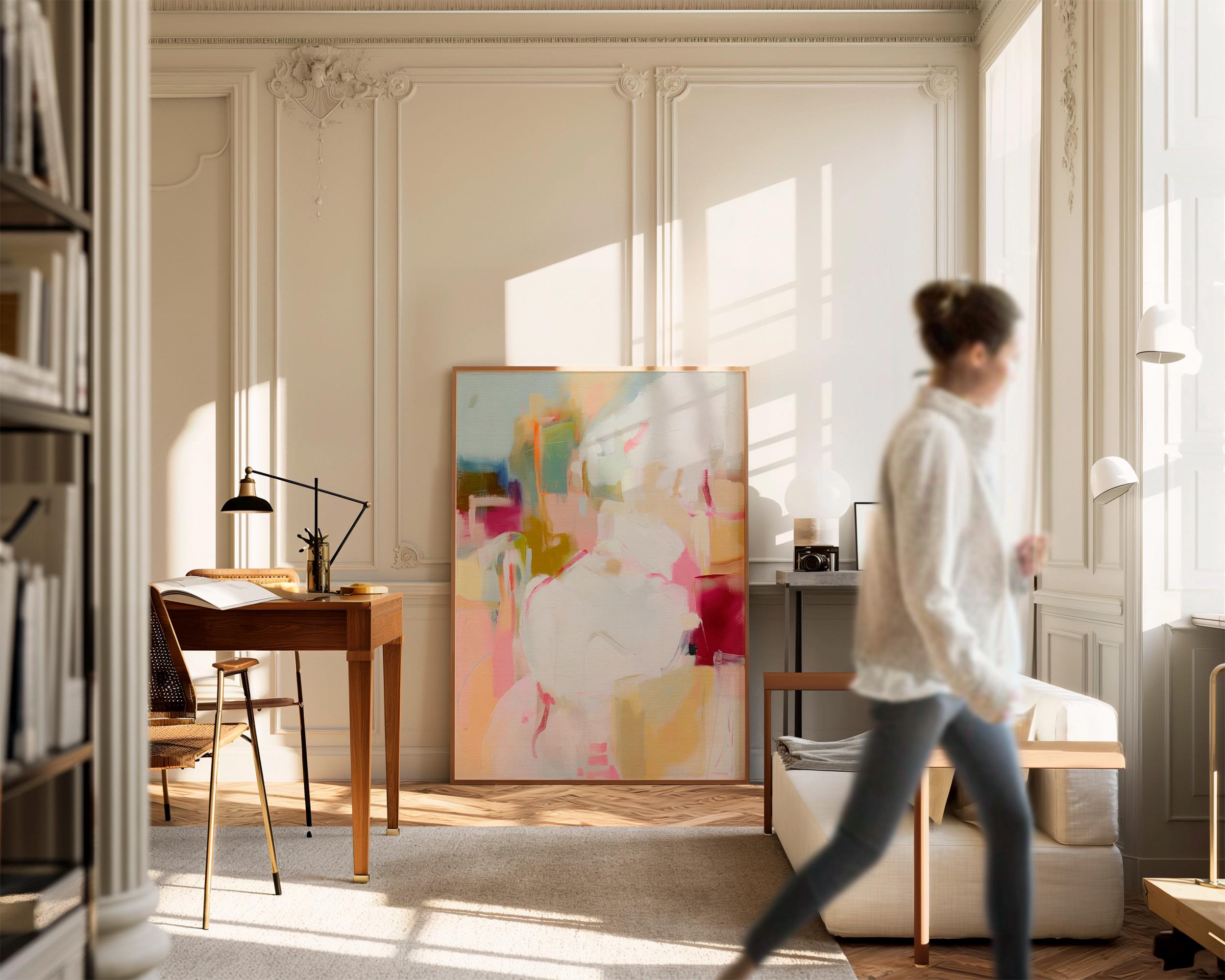 Vertical framed abstract wall art featuring pink, cream, olive, and berry hues. Soft brushwork creates a calm yet uplifting mood, ideal for pastel botanical and soft contemporary interiors. Perfect for living rooms, bedrooms, or entryways, the artwork adds warmth and modern refinement. Each framed wall art piece is crafted with a sleek wood frame, clean lines, and a gallery-quality finish, ready to hang for a polished designer look.