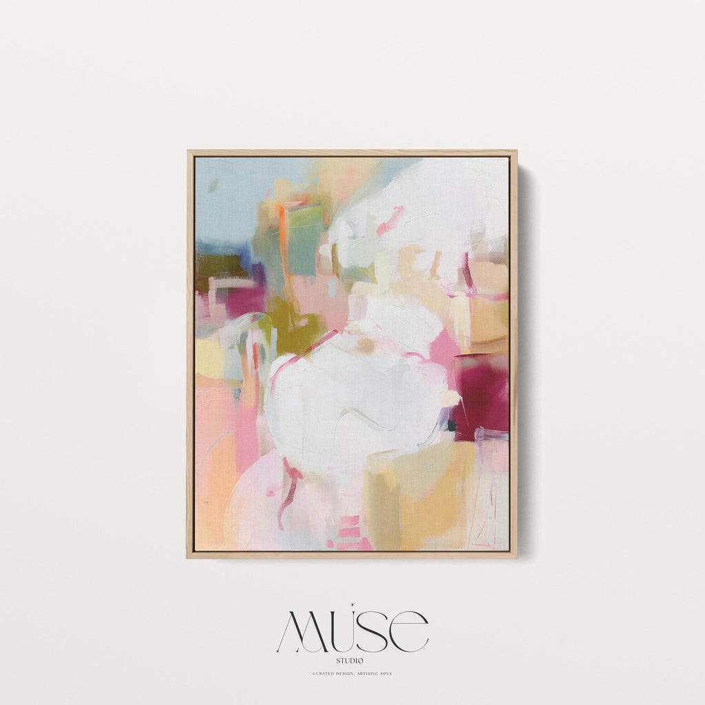 Vertical framed abstract wall art featuring pink, cream, olive, and berry hues. Soft brushwork creates a calm yet uplifting mood, ideal for pastel botanical and soft contemporary interiors. Perfect for living rooms, bedrooms, or entryways, the artwork adds warmth and modern refinement. Each framed wall art piece is crafted with a sleek wood frame, clean lines, and a gallery-quality finish, ready to hang for a polished designer look.