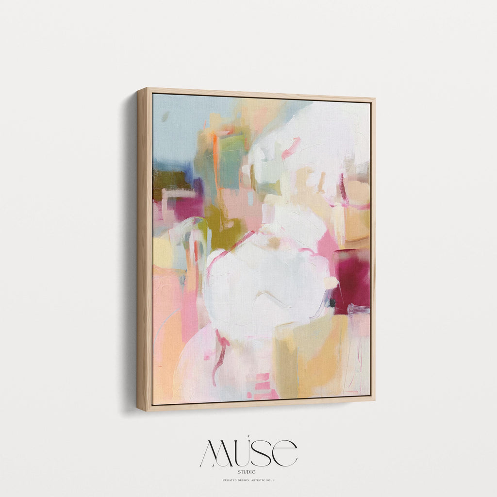 Vertical framed abstract wall art featuring pink, cream, olive, and berry hues. Soft brushwork creates a calm yet uplifting mood, ideal for pastel botanical and soft contemporary interiors. Perfect for living rooms, bedrooms, or entryways, the artwork adds warmth and modern refinement. Each framed wall art piece is crafted with a sleek wood frame, clean lines, and a gallery-quality finish, ready to hang for a polished designer look.