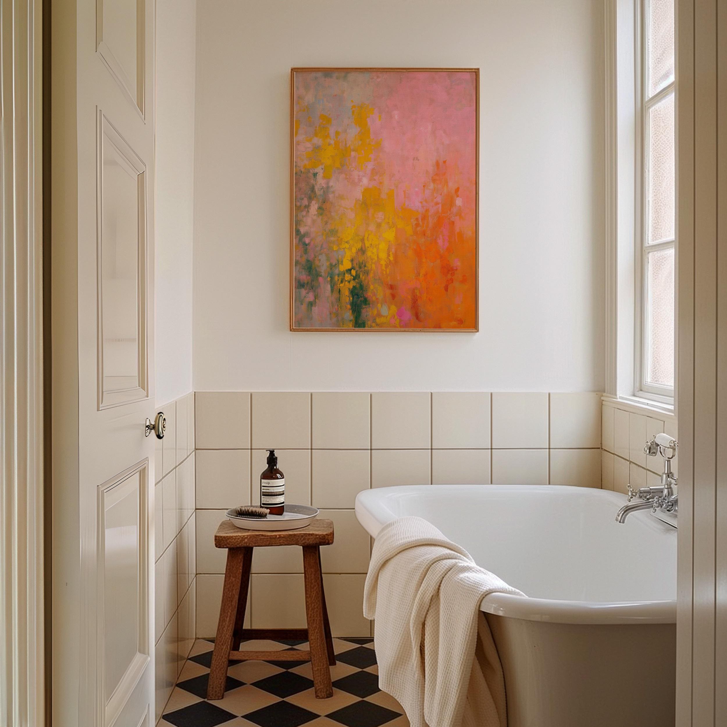 Large colorful abstract canvas wall art in pink, orange, and yellow tones with painterly brushwork. A bold, energetic statement piece for modern or transitional living room decor. Available as gallery-wrapped or framed canvas for premium interior design styling.