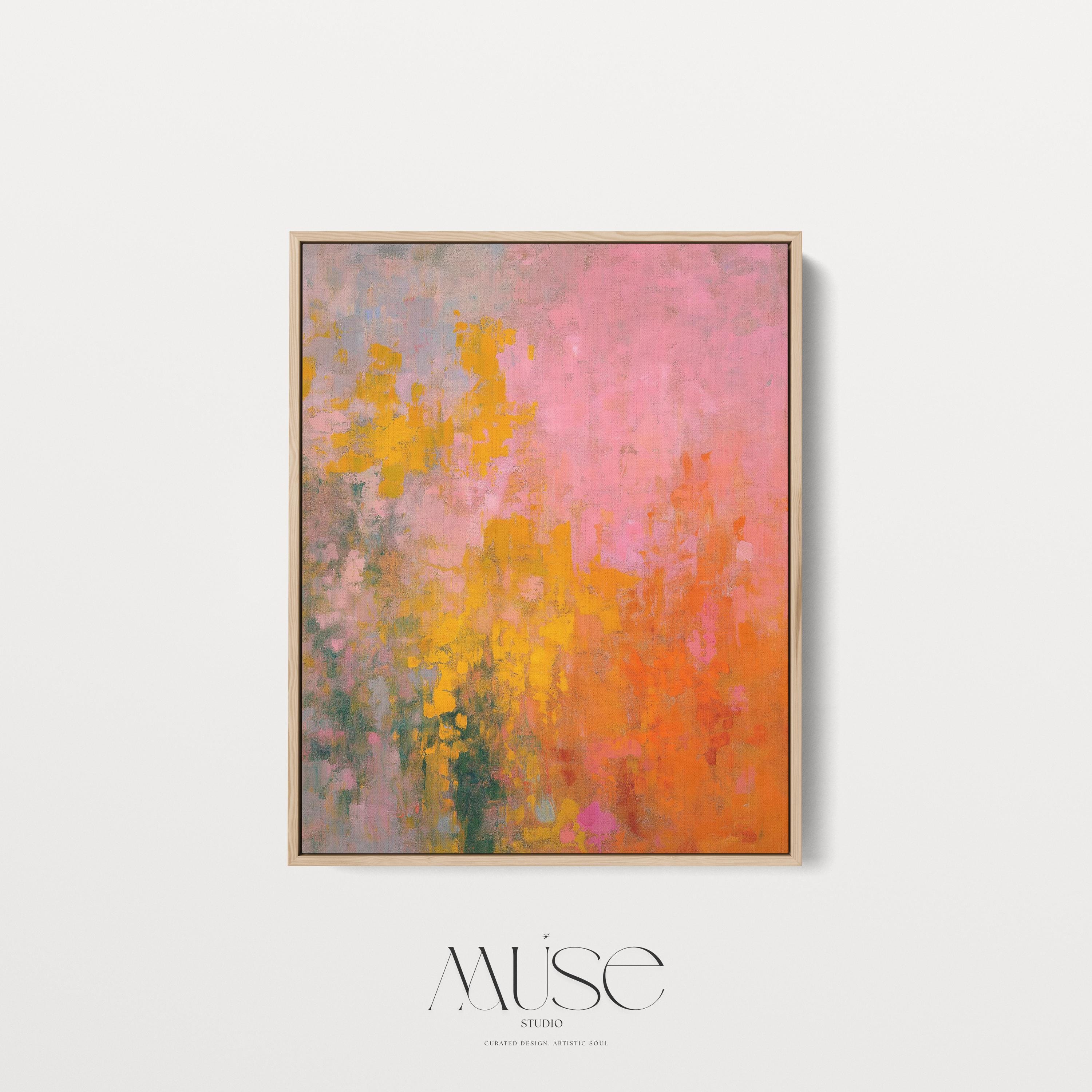 Large colorful abstract canvas wall art in pink, orange, and yellow tones with painterly brushwork. A bold, energetic statement piece for modern or transitional living room decor. Available as gallery-wrapped or framed canvas for premium interior design styling.