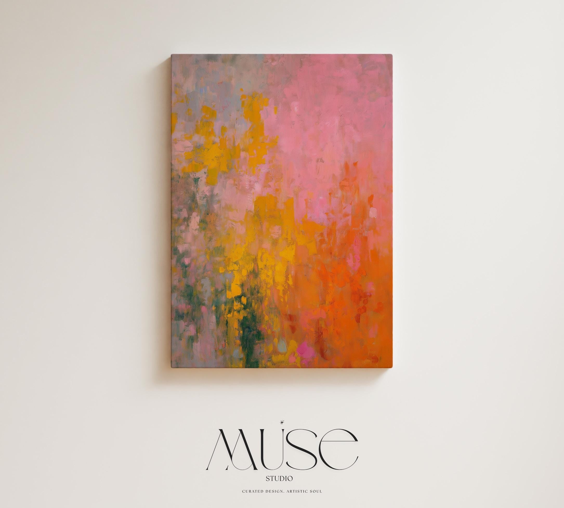 Large warm minimal abstract canvas wall art with layered pink, orange, and beige tones. Gentle brush textures create a sunlit, serene feel perfect for living rooms or bedrooms with natural wood and neutral decor. Available as gallery-wrapped canvas or framed wall art.