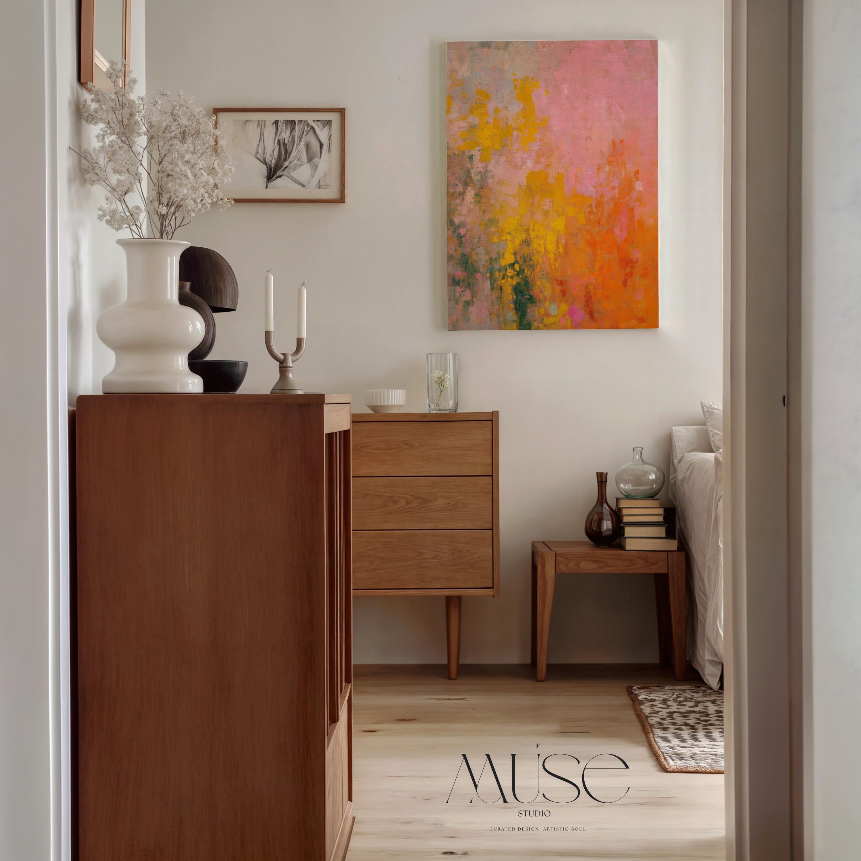 Large warm minimal abstract canvas wall art with layered pink, orange, and beige tones. Gentle brush textures create a sunlit, serene feel perfect for living rooms or bedrooms with natural wood and neutral decor. Available as gallery-wrapped canvas or framed wall art.