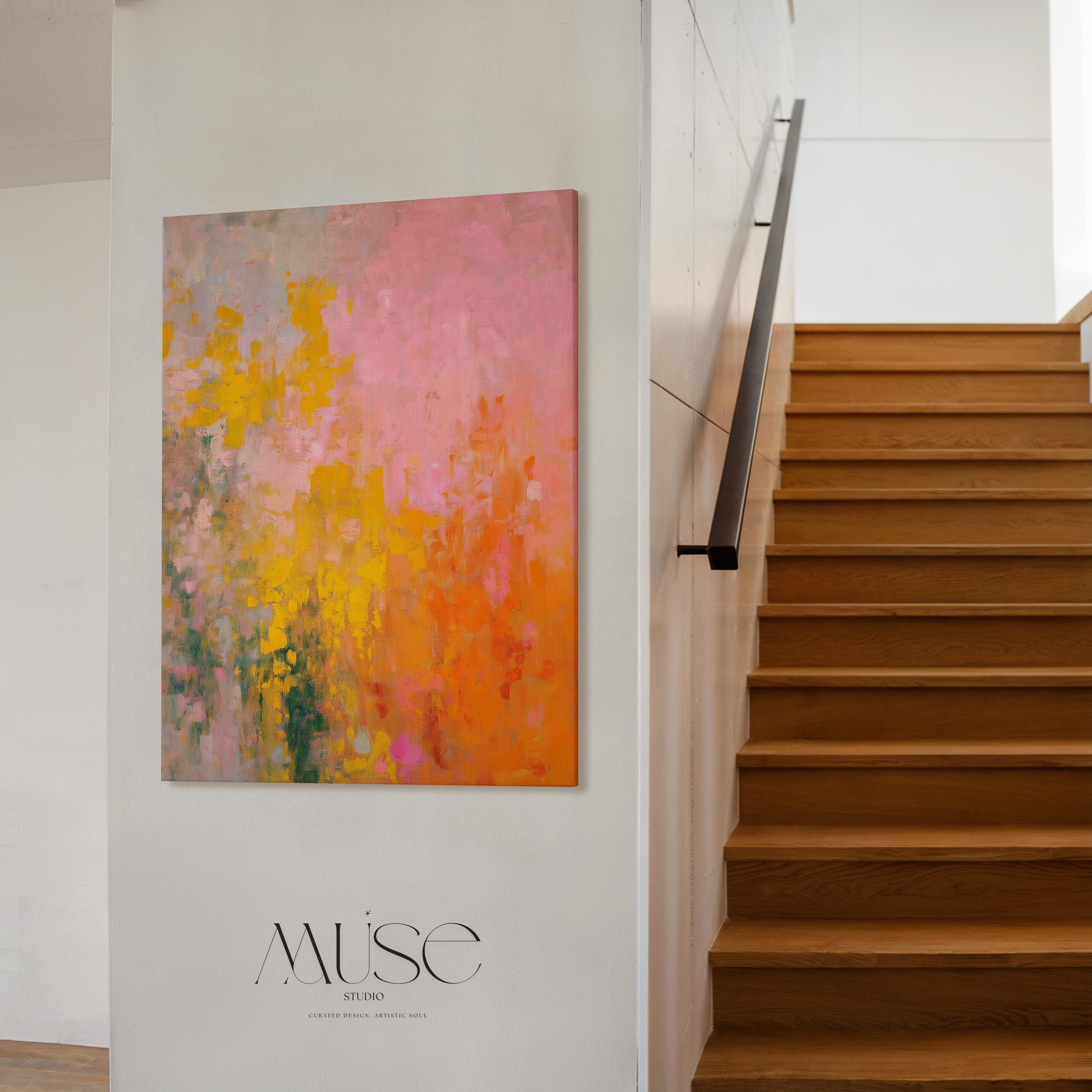 Large warm minimal abstract canvas wall art with layered pink, orange, and beige tones. Gentle brush textures create a sunlit, serene feel perfect for living rooms or bedrooms with natural wood and neutral decor. Available as gallery-wrapped canvas or framed wall art.