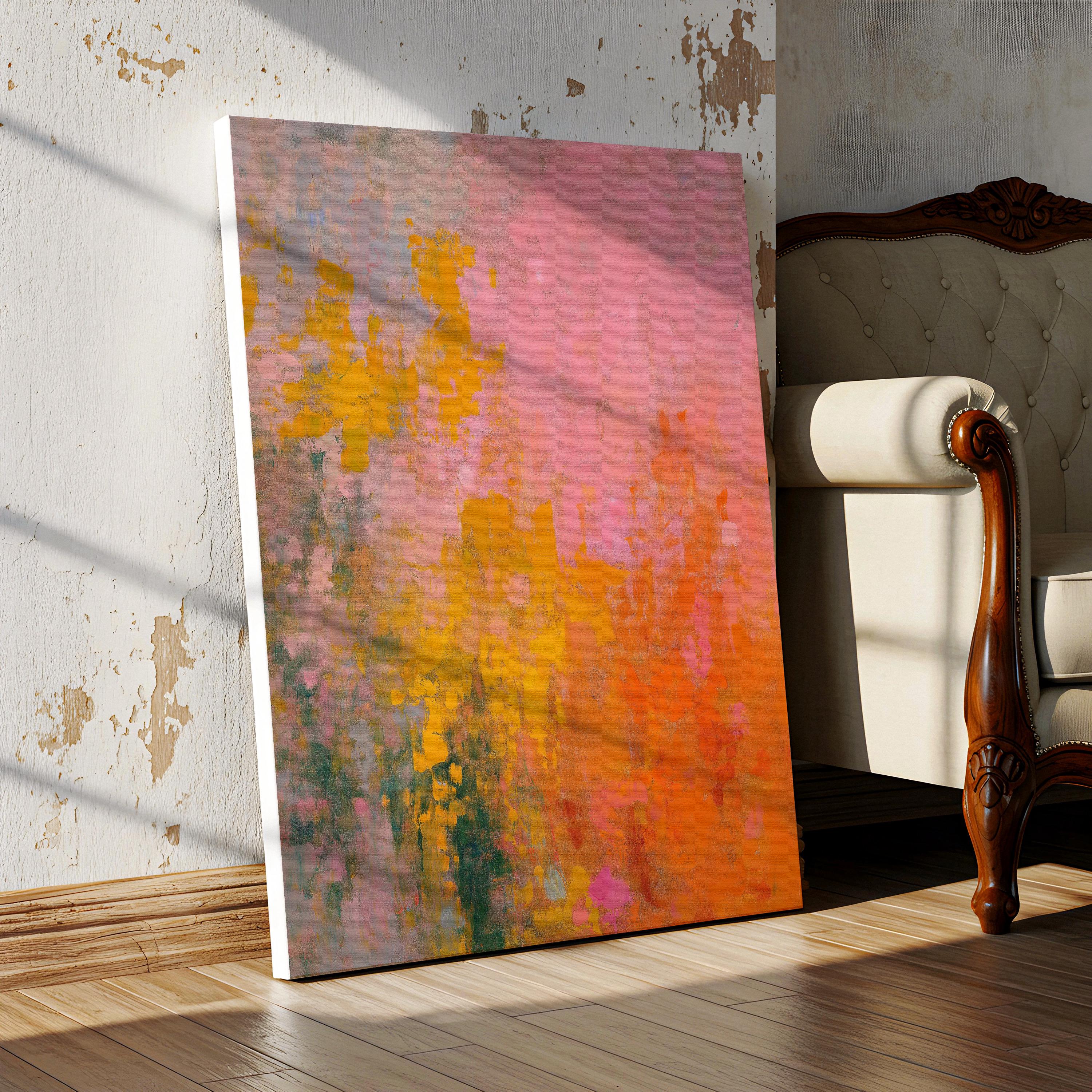 Large warm minimal abstract canvas wall art with layered pink, orange, and beige tones. Gentle brush textures create a sunlit, serene feel perfect for living rooms or bedrooms with natural wood and neutral decor. Available as gallery-wrapped canvas or framed wall art.