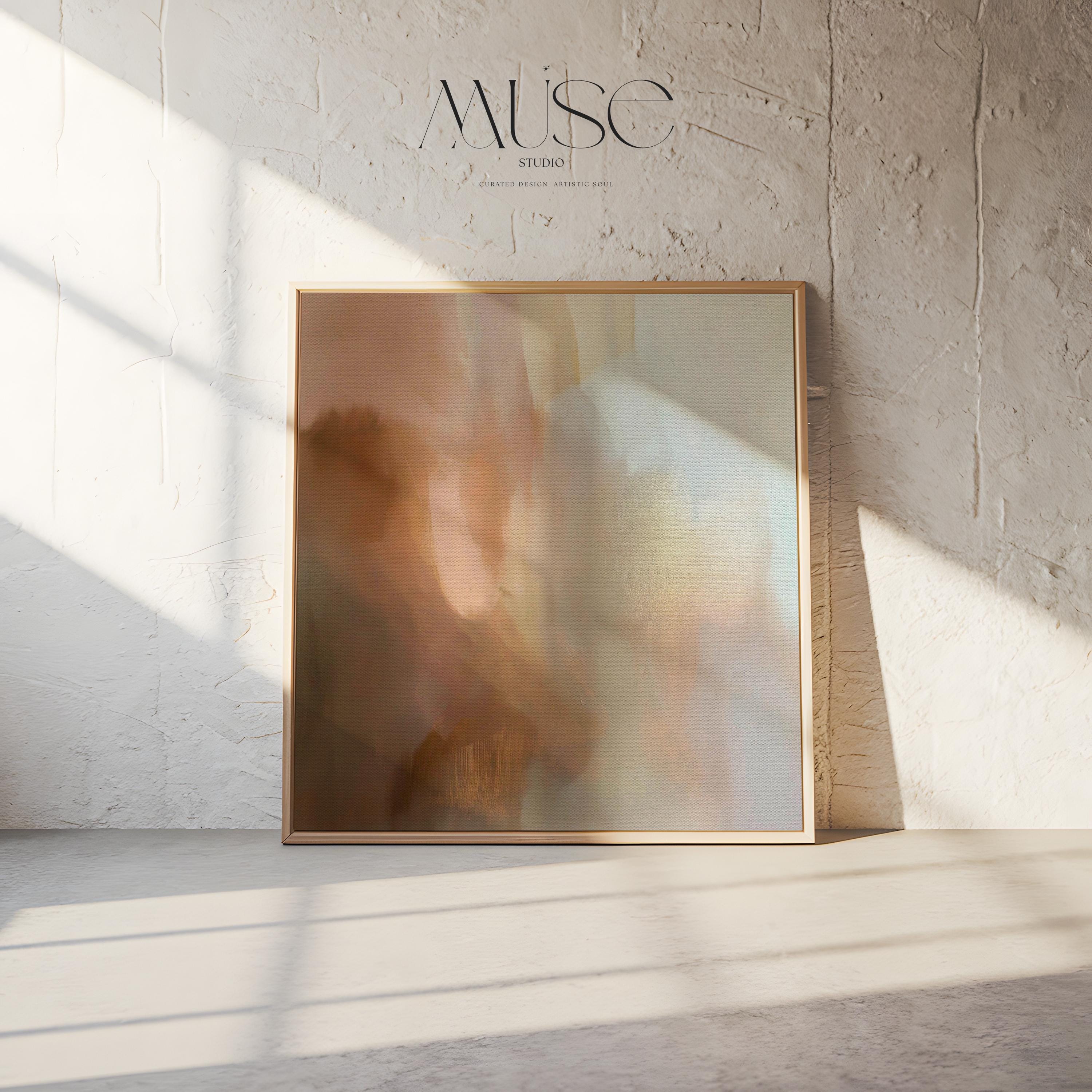 Large warm minimal abstract canvas wall art in beige, brown, and cream hues. Soft painterly transitions create a soothing, elegant statement perfect for minimalist or transitional living room decor. Available as gallery-wrapped or framed canvas for timeless interior styling.