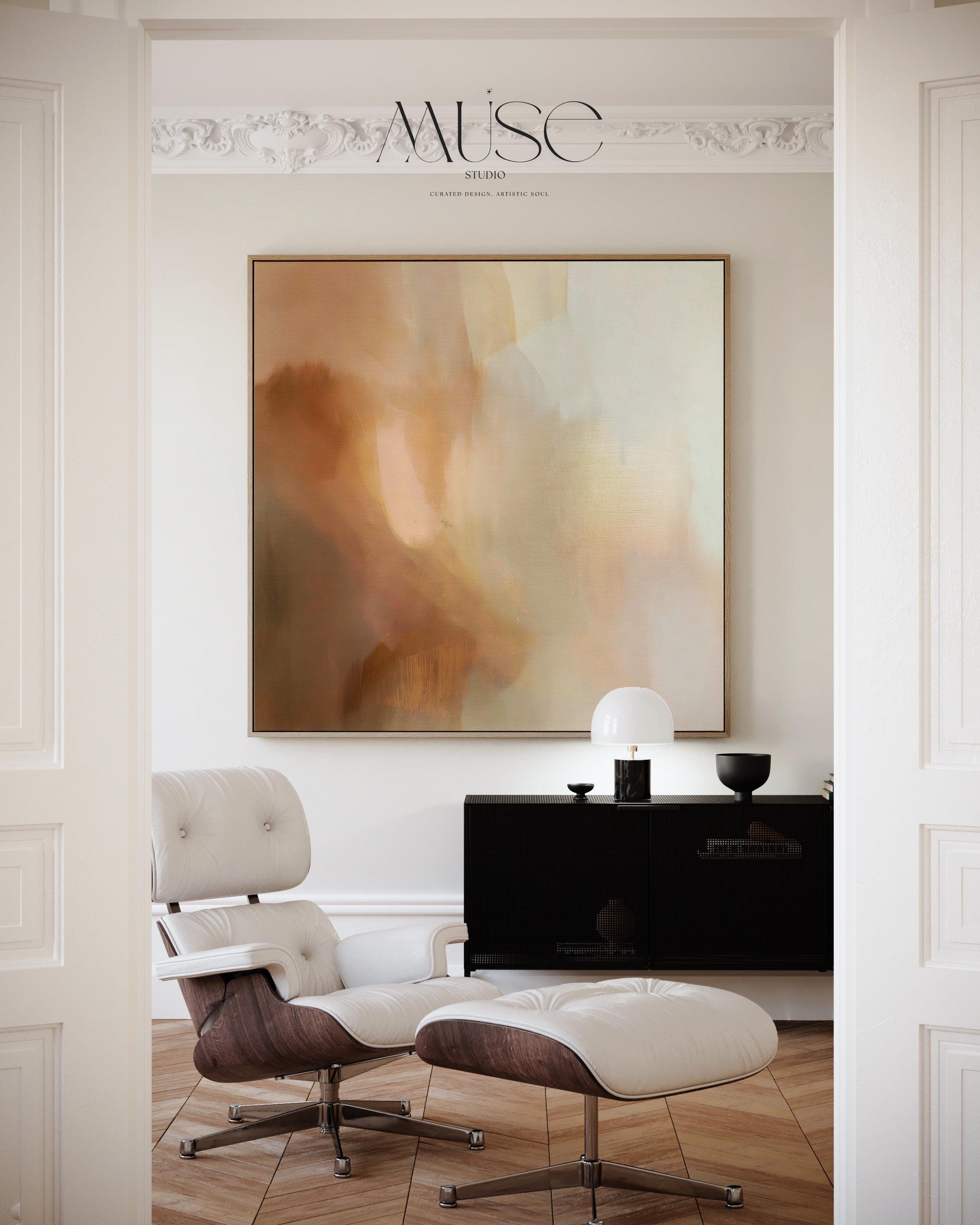 Large warm minimal abstract canvas wall art in beige, brown, and cream hues. Soft painterly transitions create a soothing, elegant statement perfect for minimalist or transitional living room decor. Available as gallery-wrapped or framed canvas for timeless interior styling.