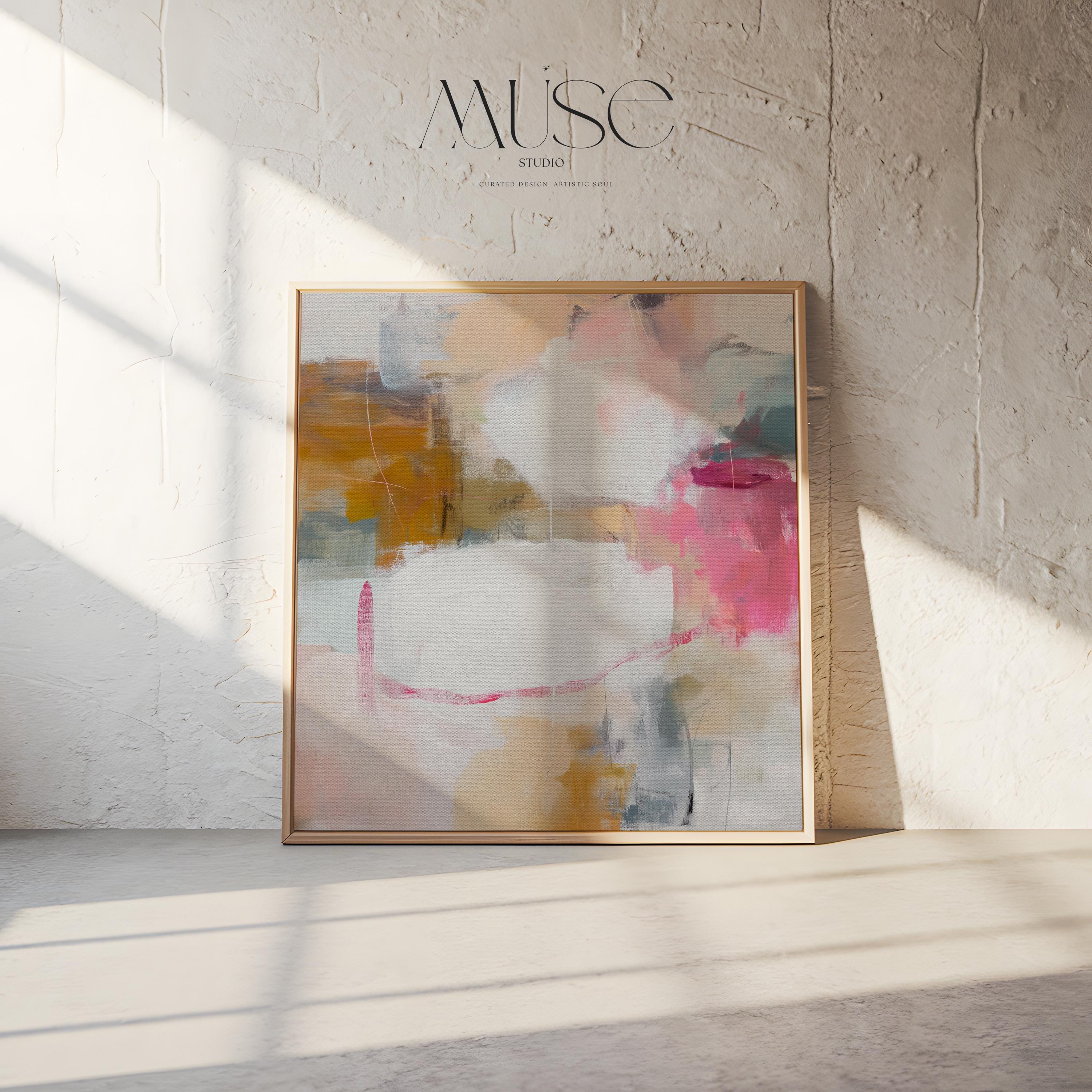 Square framed abstract wall art in pink, ochre, white, and teal tones with soft layered brushwork. The gentle interplay of warm and cool hues creates balance and light, ideal for pastel botanical or soft contemporary interiors. Perfect for living rooms, bedrooms, or studio spaces, this framed artwork features clean lines and a warm wood finish, ready to hang with a refined, gallery-style presentation.