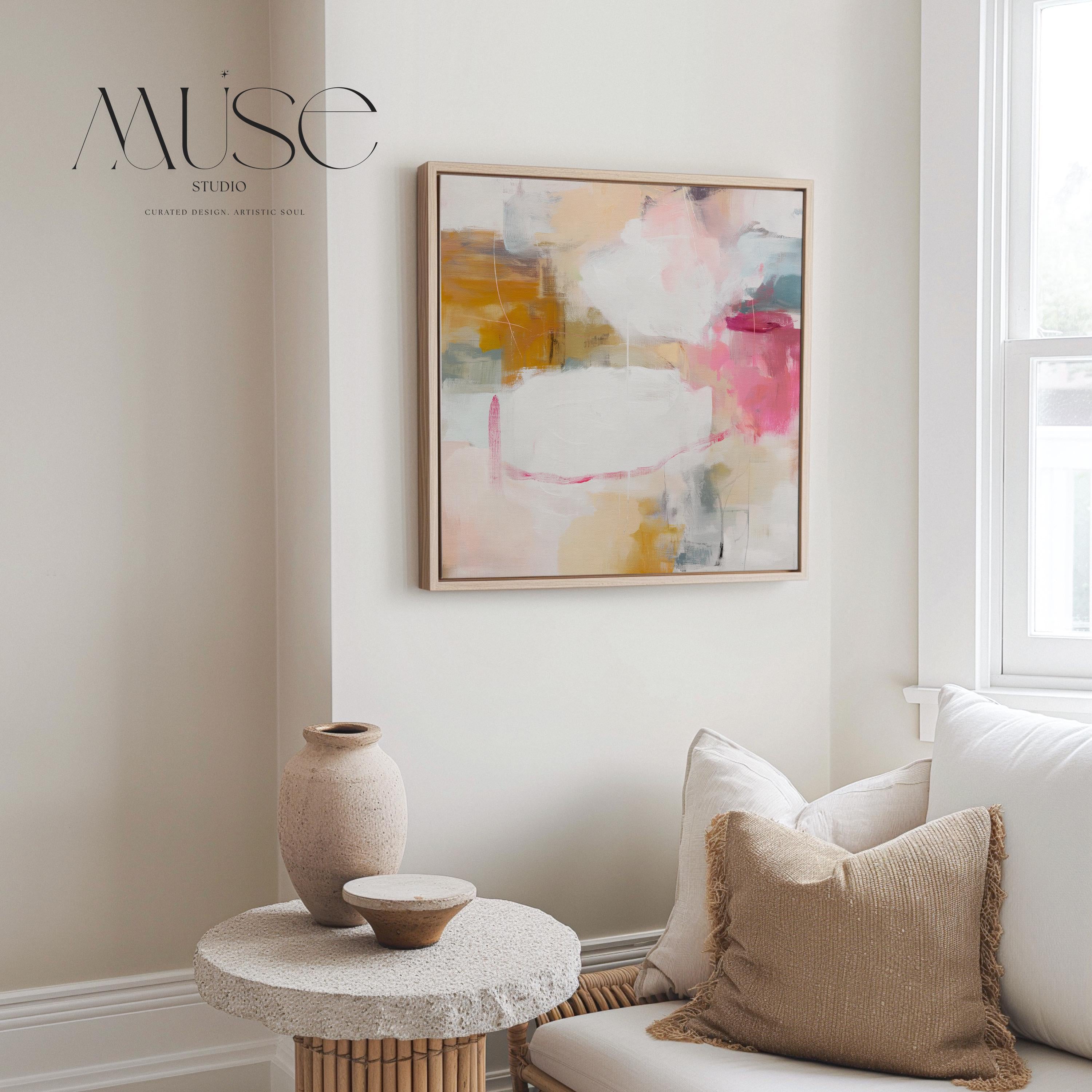 Square framed abstract wall art in pink, ochre, white, and teal tones with soft layered brushwork. The gentle interplay of warm and cool hues creates balance and light, ideal for pastel botanical or soft contemporary interiors. Perfect for living rooms, bedrooms, or studio spaces, this framed artwork features clean lines and a warm wood finish, ready to hang with a refined, gallery-style presentation.