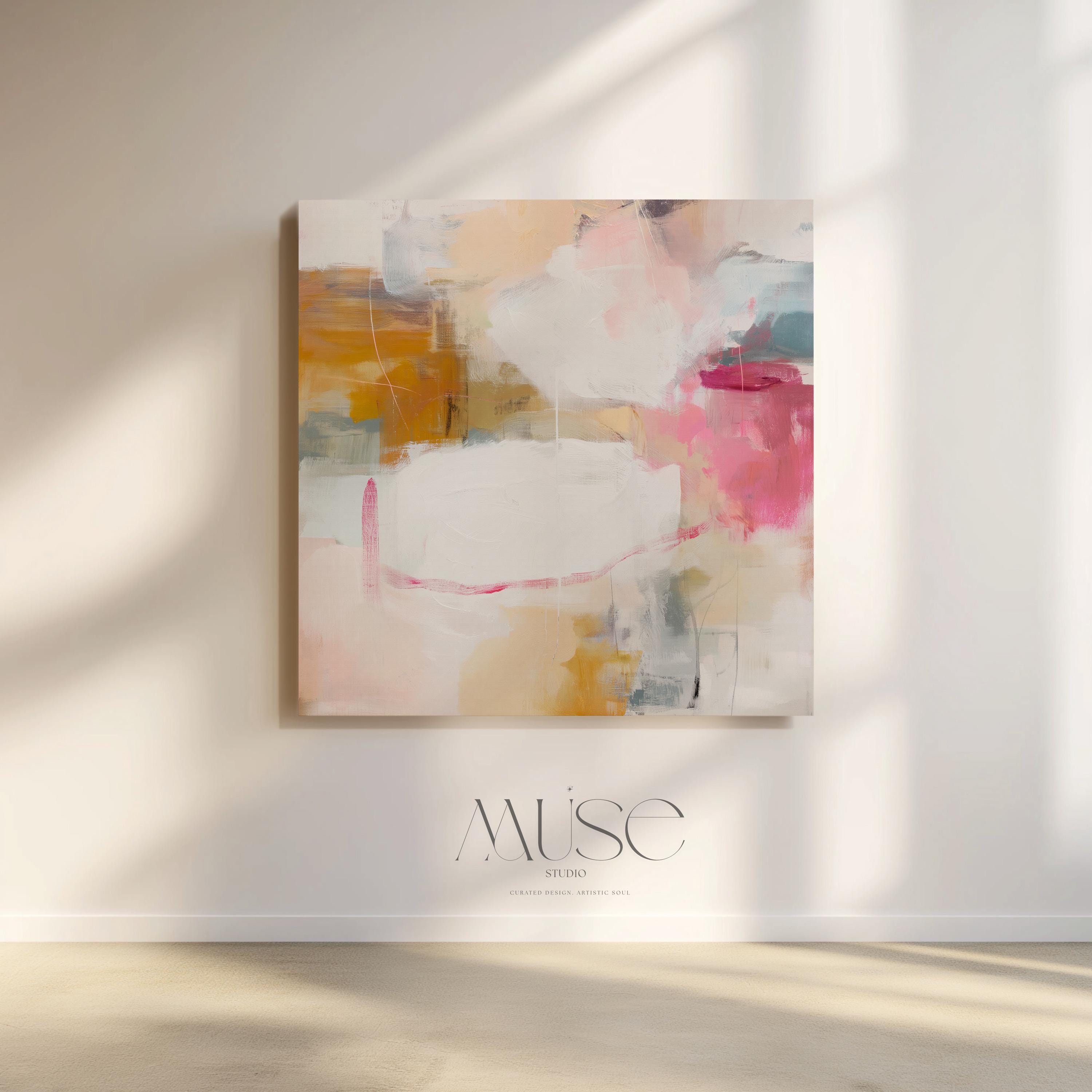Square abstract canvas wall art in warm pink, ochre, teal, and white tones. The layered brushwork and soft composition bring light and warmth to soft contemporary or pastel botanical interiors. Perfect for living rooms, bedrooms, or modern open spaces, this piece adds refined texture and color. Gallery-wrapped canvas wall art with a smooth, fine-textured finish, ready to hang for a clean, designer look.
