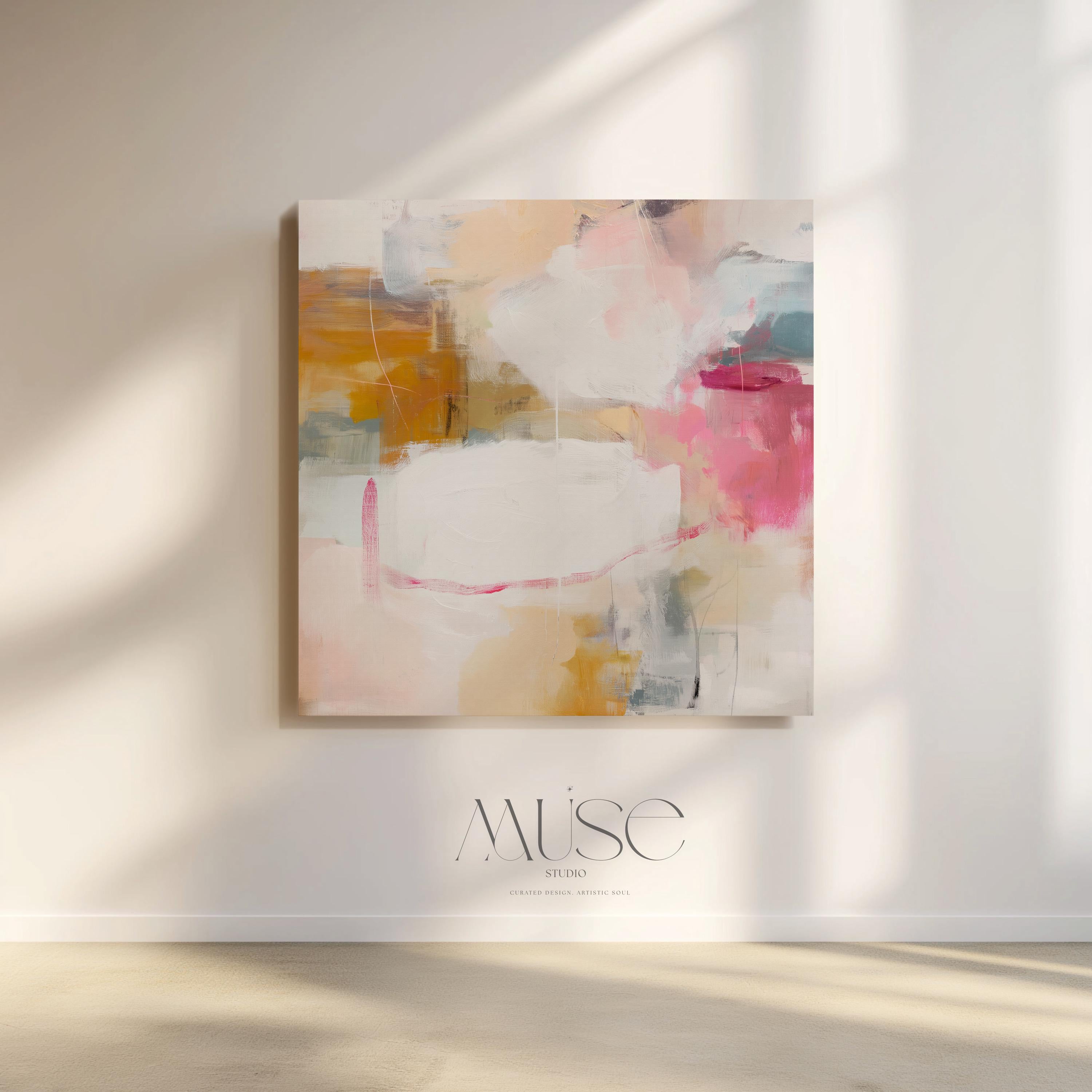 Square abstract canvas wall art in warm pink, ochre, teal, and white tones. The layered brushwork and soft composition bring light and warmth to soft contemporary or pastel botanical interiors. Perfect for living rooms, bedrooms, or modern open spaces, this piece adds refined texture and color. Gallery-wrapped canvas wall art with a smooth, fine-textured finish, ready to hang for a clean, designer look.