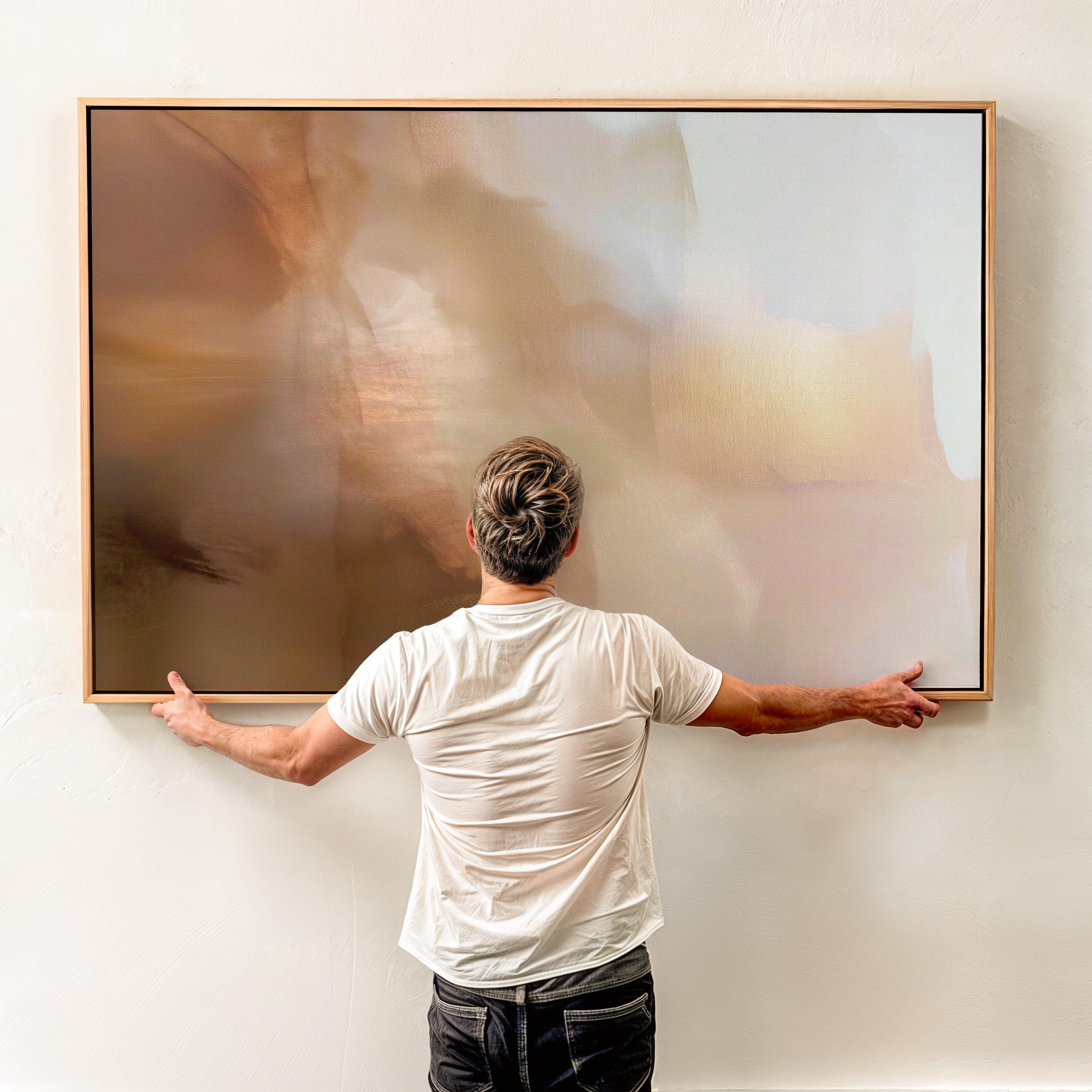 Horizontal warm-neutral abstract wall art in beige, sand, and ivory tones, styled in a warm minimal interior with light wood and linen textures. Available as framed canvas or gallery canvas by Muse Studio.