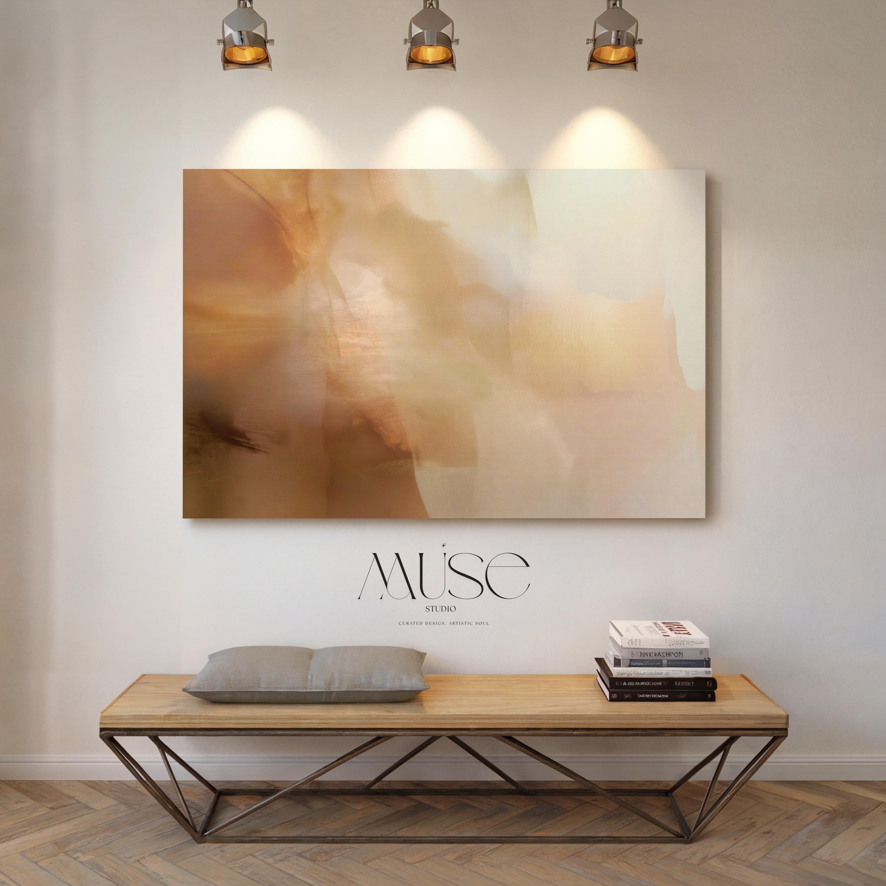 Horizontal warm-neutral abstract wall art in beige, sand, and ivory tones, styled in a warm minimal interior with light wood and linen textures. Available as framed canvas or gallery canvas by Muse Studio.