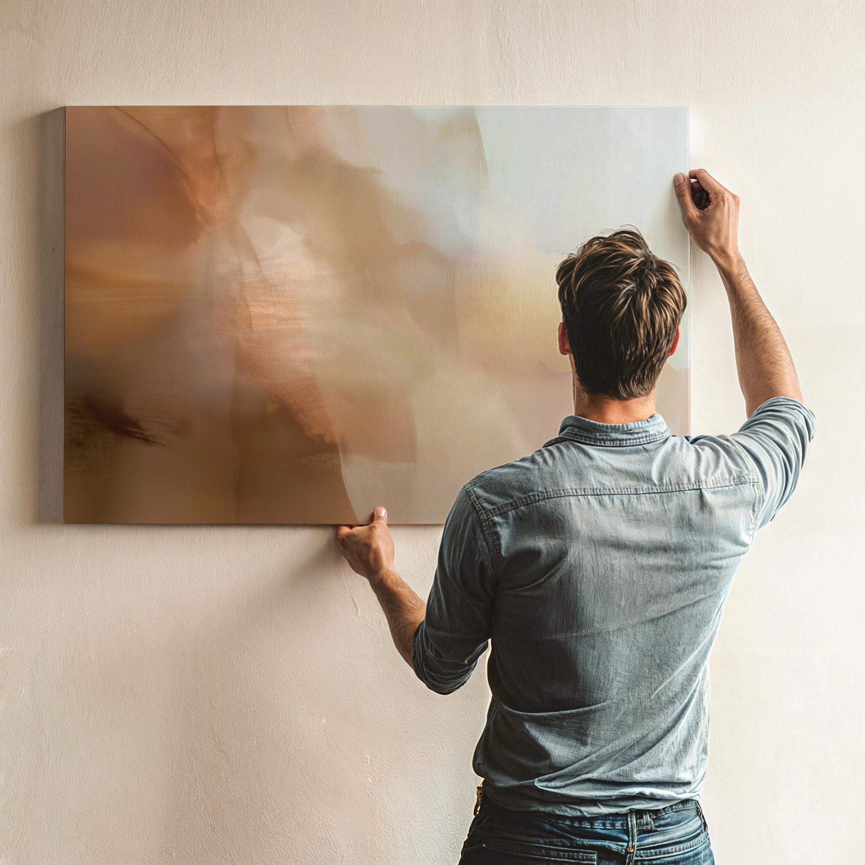 Horizontal warm-neutral abstract wall art in beige, sand, and ivory tones, styled in a warm minimal interior with light wood and linen textures. Available as framed canvas or gallery canvas by Muse Studio.