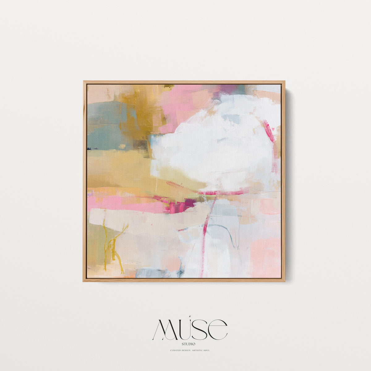 Square abstract wall art in soft pink, mustard, white, and teal tones framed in natural wood and displayed on a clean white wall. Light pastel contemporary artwork with gentle brushwork, ideal for modern living rooms, bedrooms, or designer interiors. Available as framed canvas or giclée print by Muse Studio.