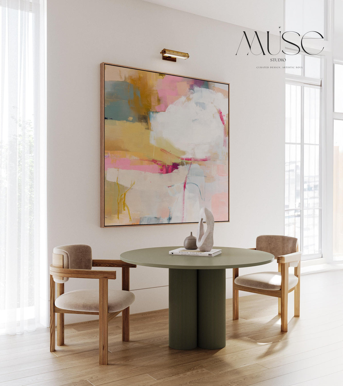 Square abstract wall art in soft pink, mustard, white, and teal tones framed in natural wood and displayed on a clean white wall. Light pastel contemporary artwork with gentle brushwork, ideal for modern living rooms, bedrooms, or designer interiors. Available as framed canvas or giclée print by Muse Studio.