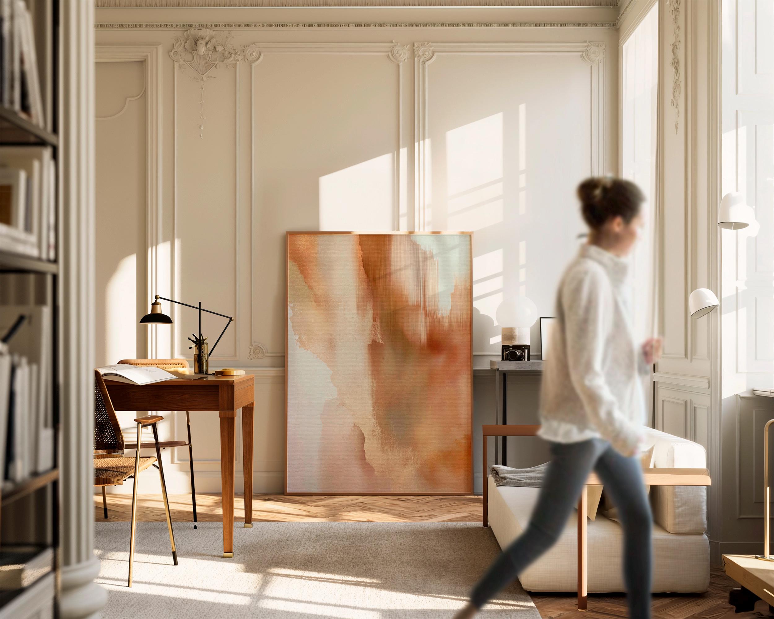 Vertical warm-neutral canvas wall art featuring soft clay, taupe, and honeyed beige tones in a warm minimal style. Complements natural wood and ceramic decor. Available as gallery-wrapped or framed canvas by Muse Studio.
