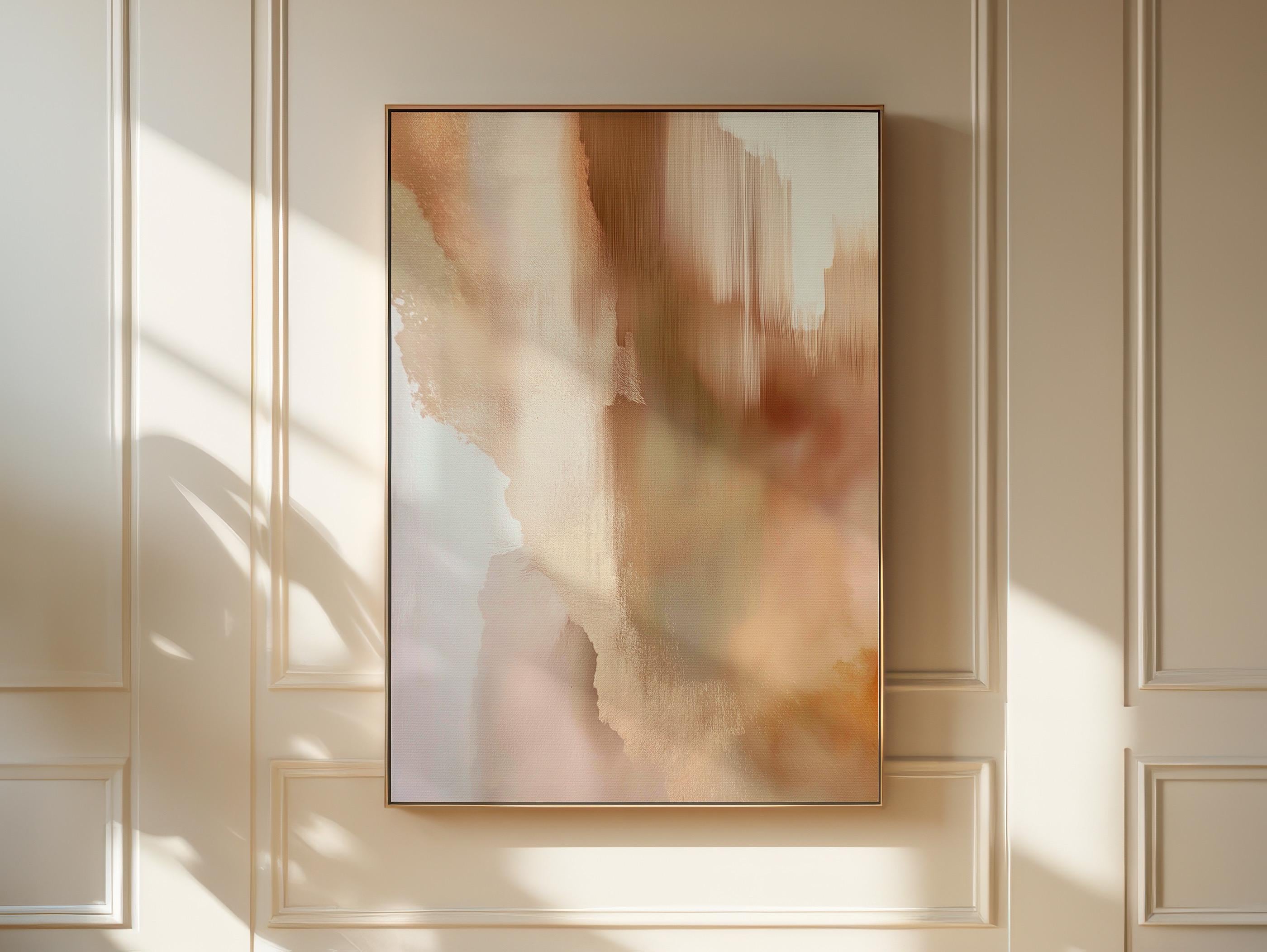 Vertical warm-neutral canvas wall art featuring soft clay, taupe, and honeyed beige tones in a warm minimal style. Complements natural wood and ceramic decor. Available as gallery-wrapped or framed canvas by Muse Studio.