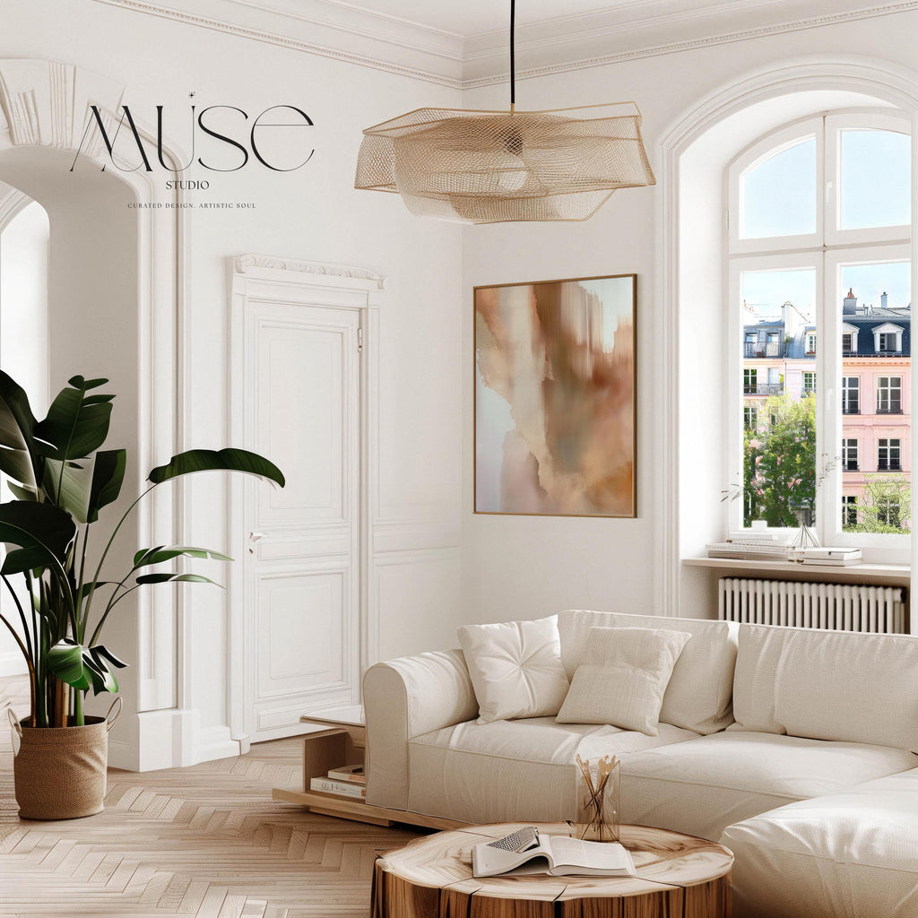Vertical warm-neutral canvas wall art featuring soft clay, taupe, and honeyed beige tones in a warm minimal style. Complements natural wood and ceramic decor. Available as gallery-wrapped or framed canvas by Muse Studio.