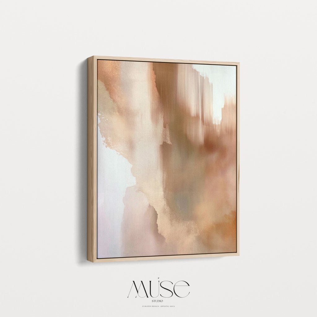 Vertical warm-neutral canvas wall art featuring soft clay, taupe, and honeyed beige tones in a warm minimal style. Complements natural wood and ceramic decor. Available as gallery-wrapped or framed canvas by Muse Studio.