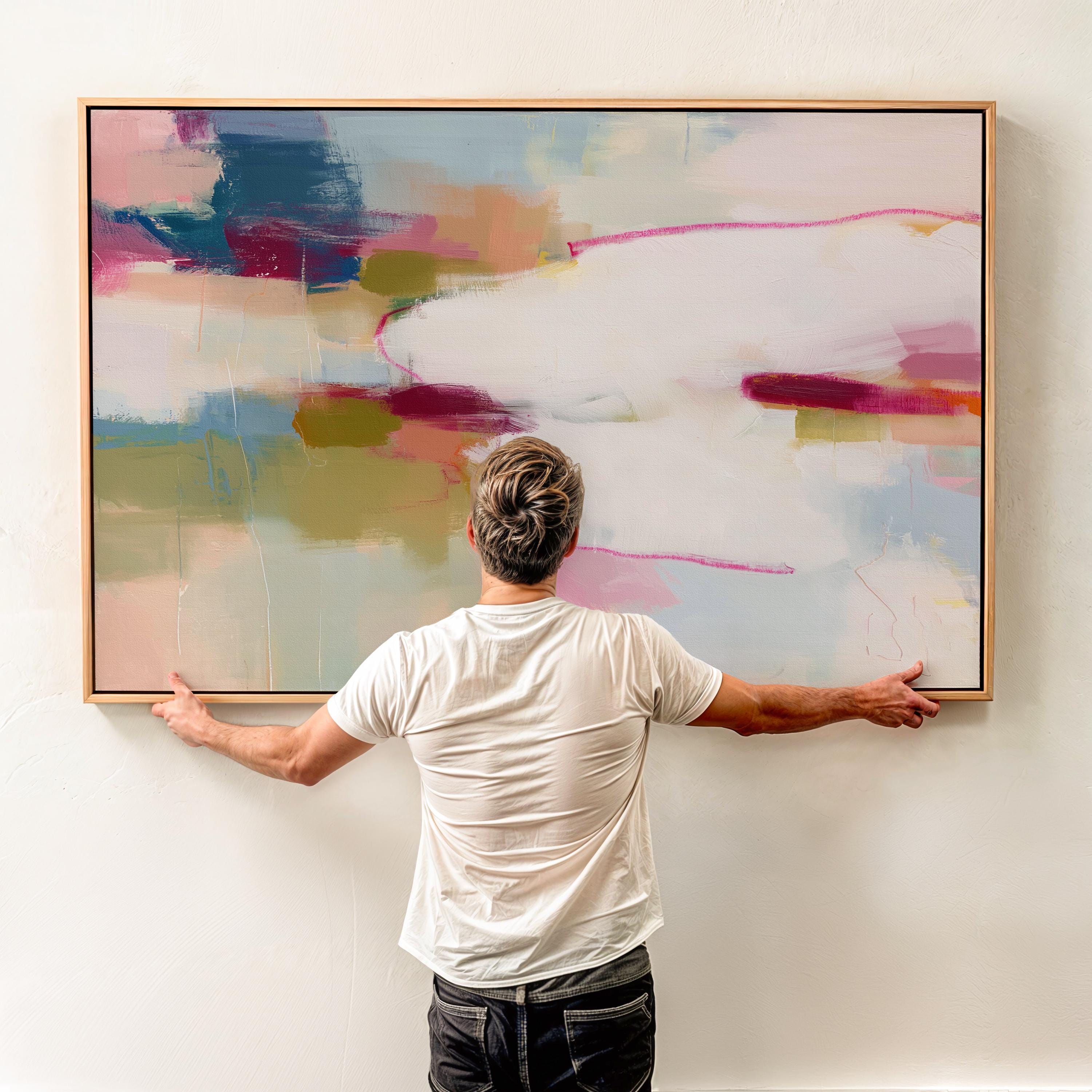 Horizontal abstract canvas wall art in pink, ivory, moss green, and coral tones. Gentle color blending and layered texture create a calm, balanced aesthetic ideal for soft contemporary interiors. Perfect above a sofa, bed, or in an office, this artwork adds warmth and refined style. Gallery-wrapped canvas wall art with a fine-textured surface, ready to hang for a clean, polished finish.
